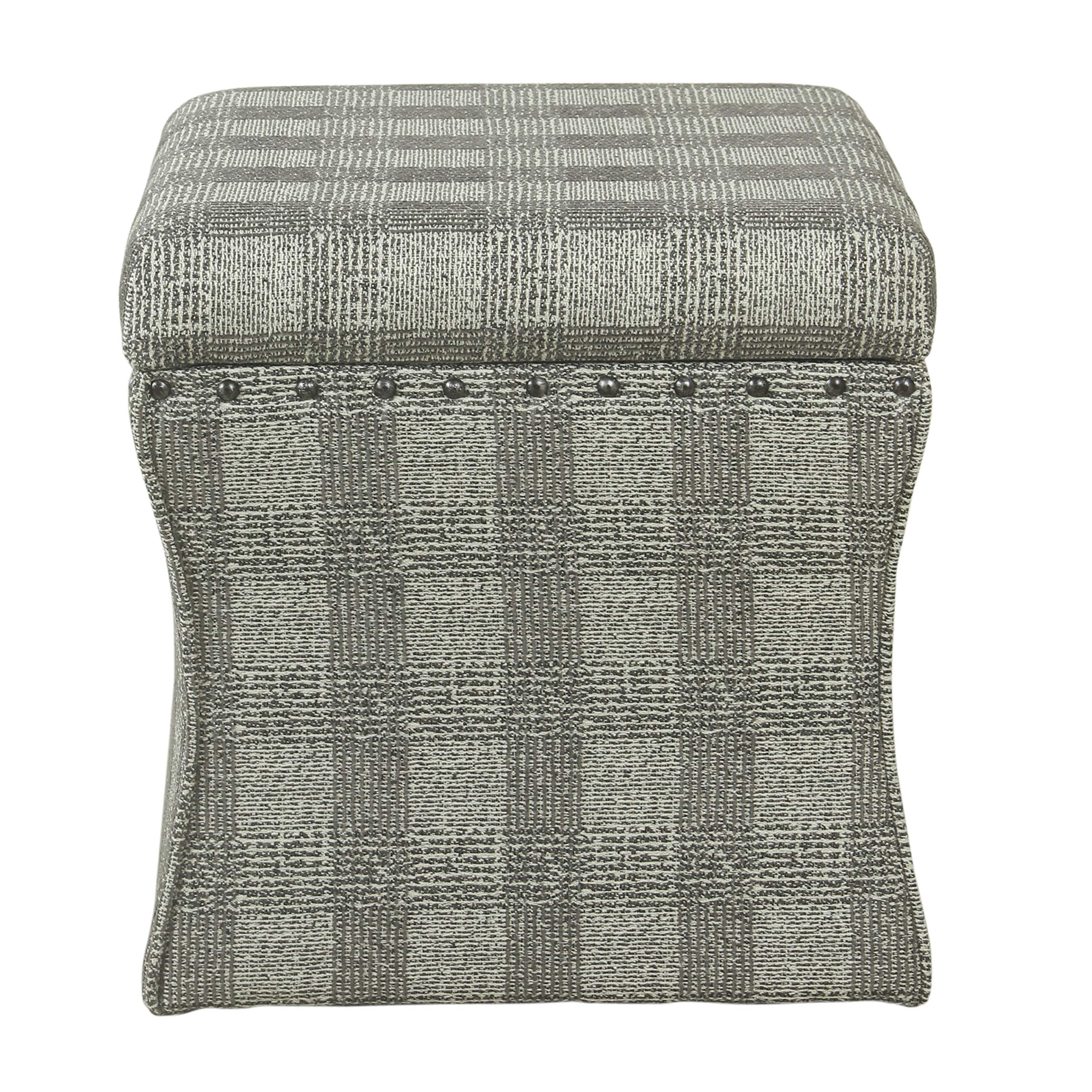 HomePop Home Decor | Upholstered Cinch Storage Ottoman with Nailhead Trim | Ottoman with Storage for Living Room & Bedroom | Decorative Home Furniture, Light Gray Plaid