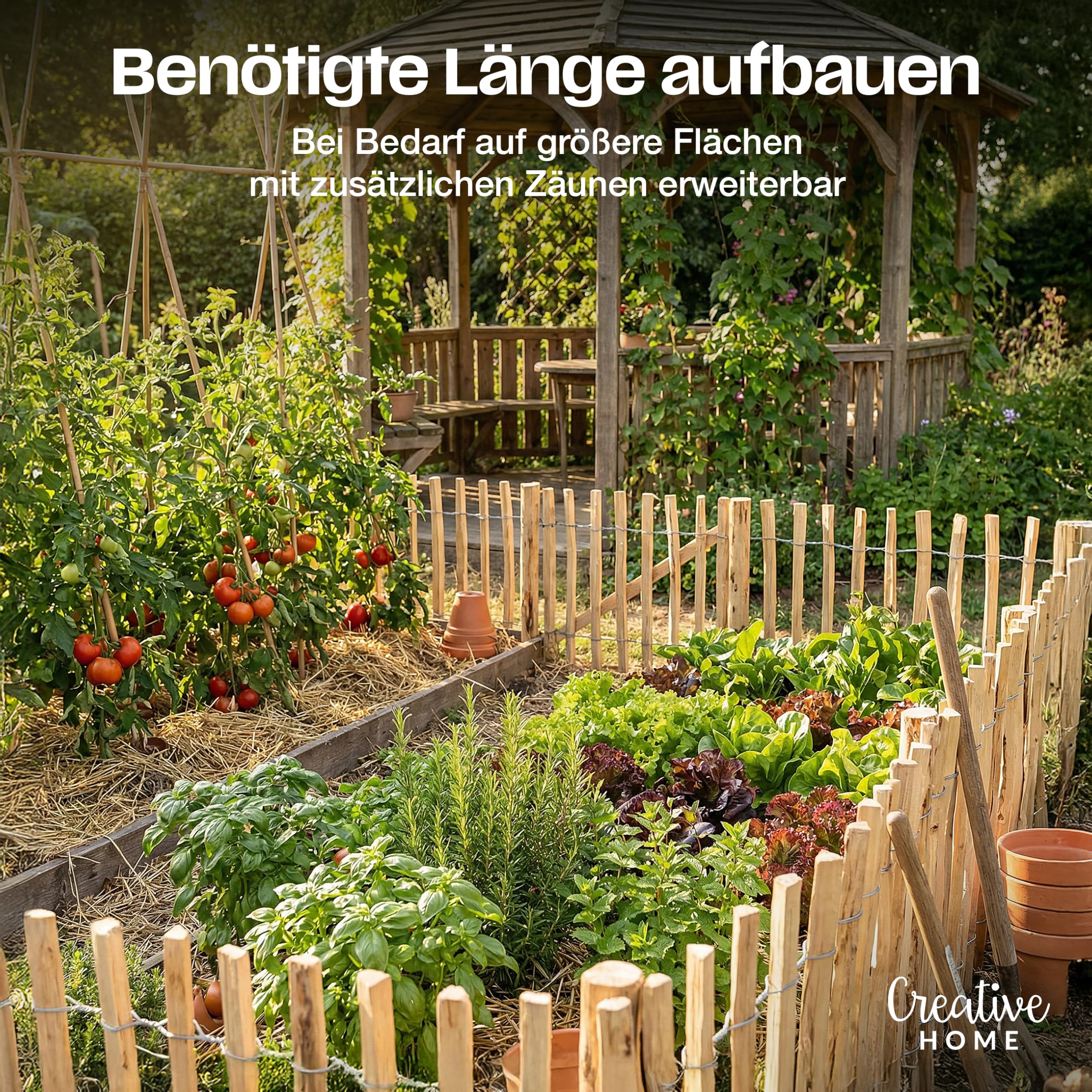 Creative Home Staketenzaun 35cm hoch und 2m lang | Lattenabstand 3-4 cm | Haselnusszaun | Rollzaun | Gartenzaun Holz Holzzaun | Zaun Garten Ideal als Rasenkante Blumenbeet Umrandung aus Haselnuss