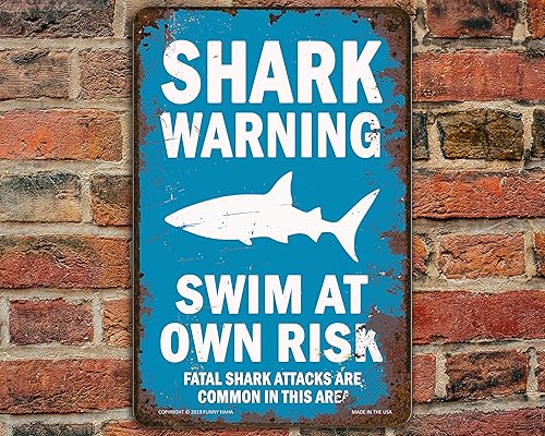 Miniatura 2 de Cartel de metal divertido de advertencia de tiburón, color azul claro