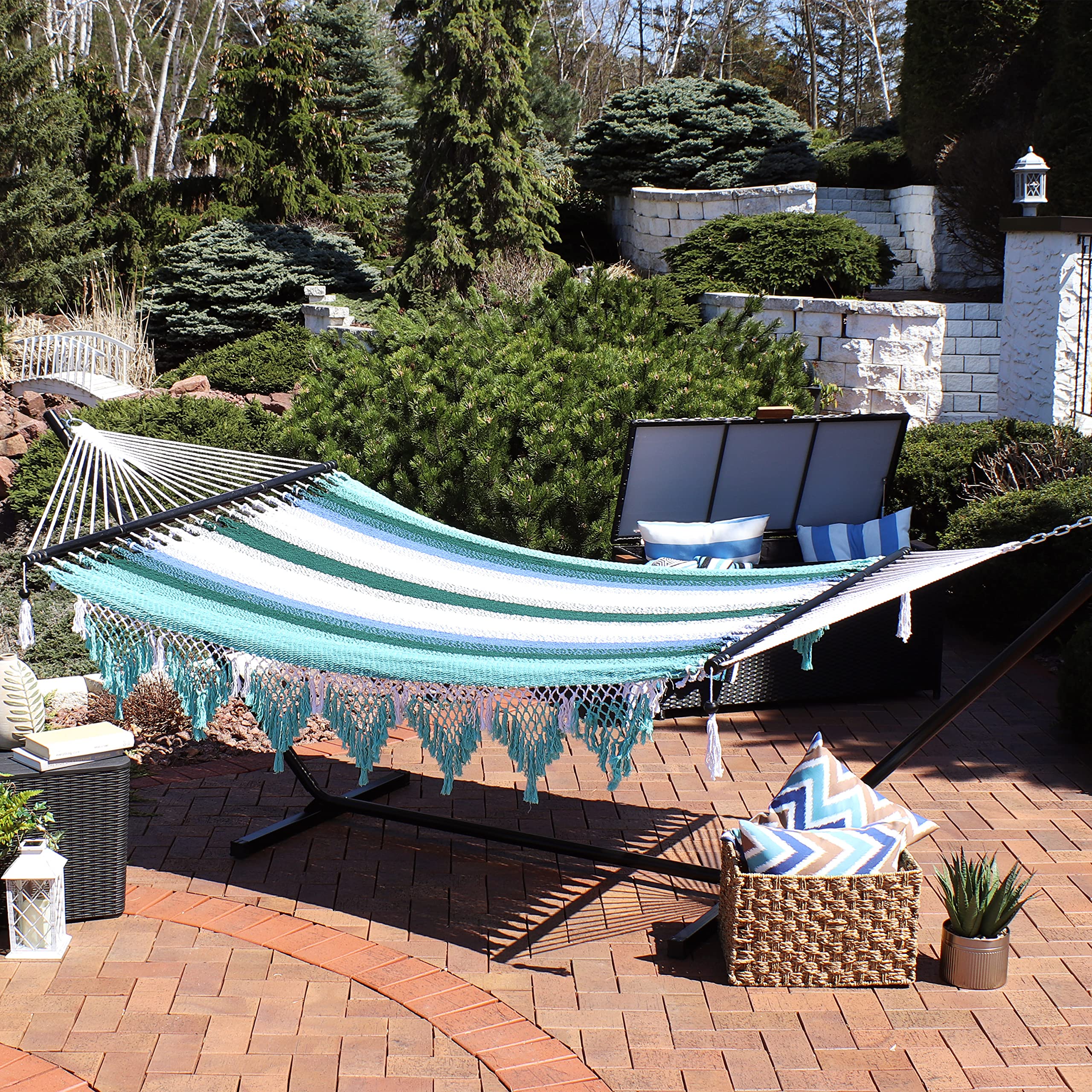 Sunnydaze Woven Double Hammock with Crocheted Edges and Spreader Bars - 600-Pound Weight Capacity - Lagoon Stripes