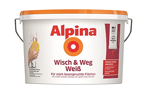 Zidna boja Alpina Wisch & Weg - bijela mat - emulzijska boja koja odbija prljavštinu i može se čistiti - idealna za prostore s velikim opterećenjem - 5 litara