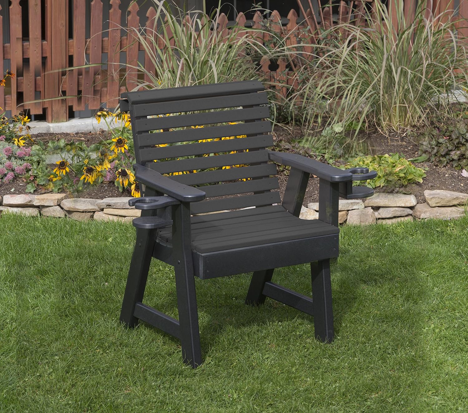 Blue-Poly Lumber ROLL Back Poly Resin 2 FEET Patio Garden Chair with Cupholder arms Heavy Duty Everlasting PolyTuf HDPE - Made in USA - Amish Crafted