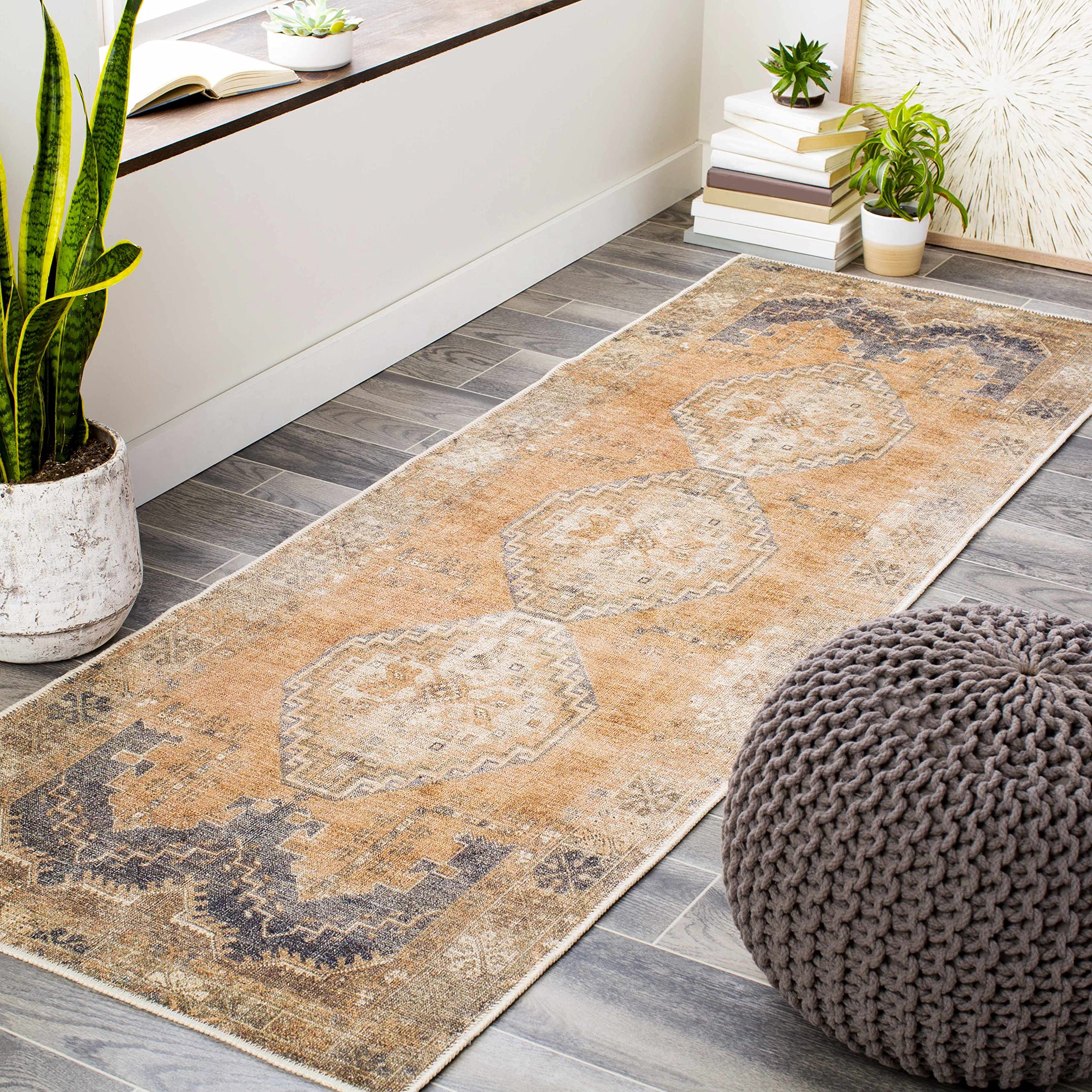 Hauteloom Carrabelle Hallway, Kitchen Machine Washable Runner Rug - Traditional - Blue, Ivory, Brown - 2'7