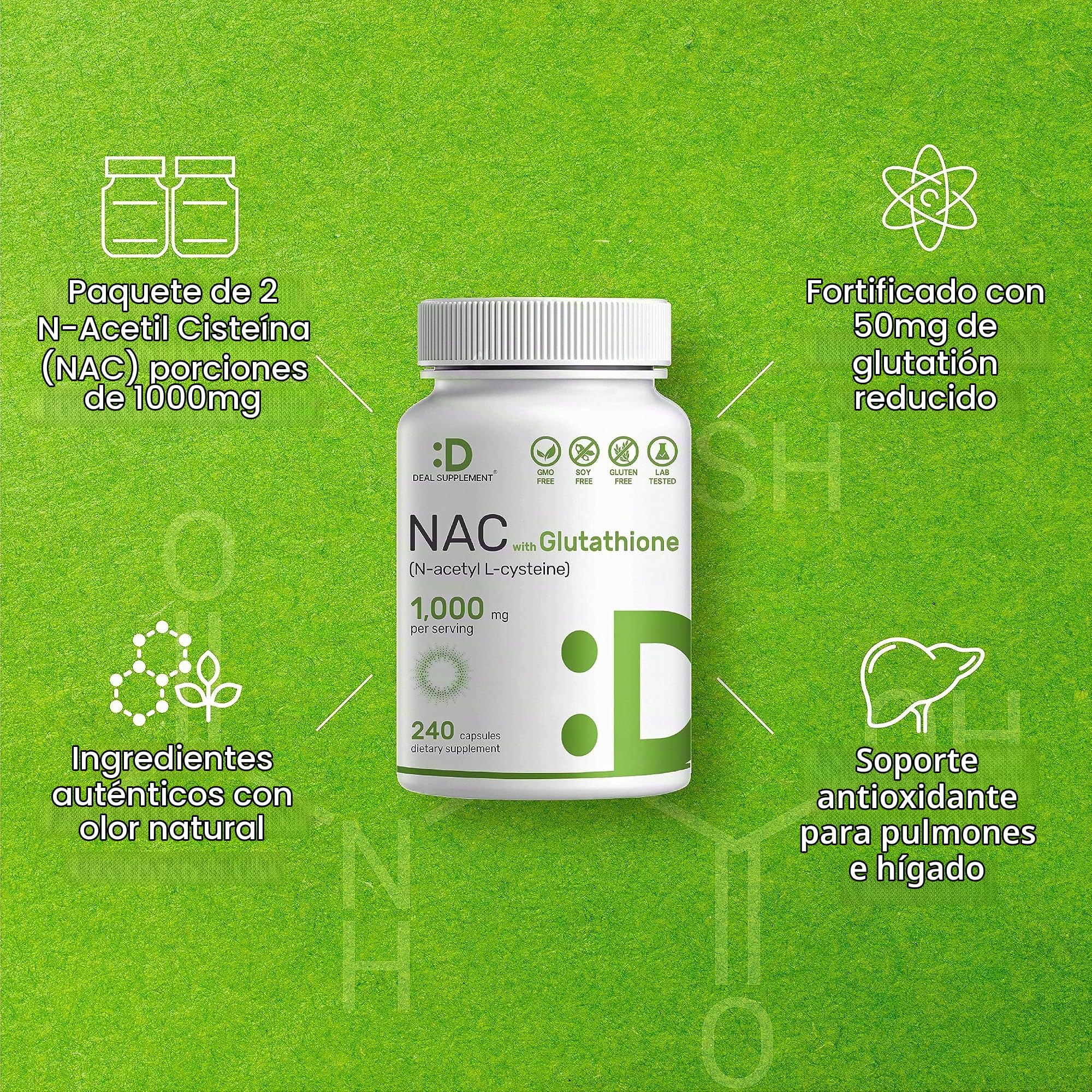 Paquete de 2 suplementos NAC (N-acetil cisteína) 1,000 mg con glutatión reducido, 480 cápsulas : Salud y Hogar