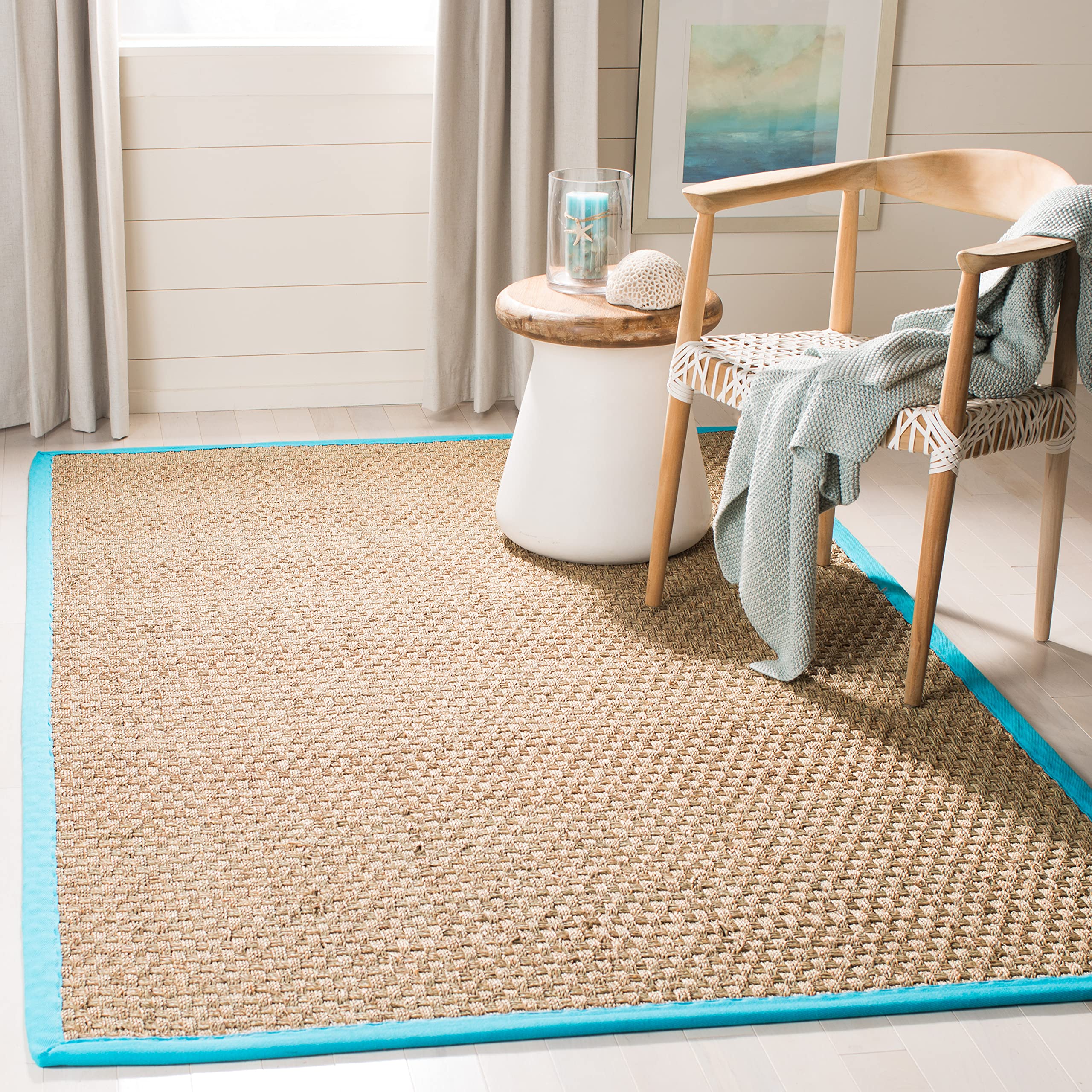 SAFAVIEH Area Rug 5x8 - Natural Fiber Collection - Natural & Turquoise, Seagrass, Basketweave Pattern with Border (NF114S)
