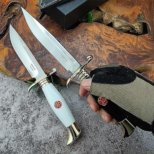 Miniatura 9 de HUAAO Cuchillo Bowie con funda, cuchillo de supervivencia de hoja fija de espiga completa con mango acrílico para caza, pesca y campamento (blanco)