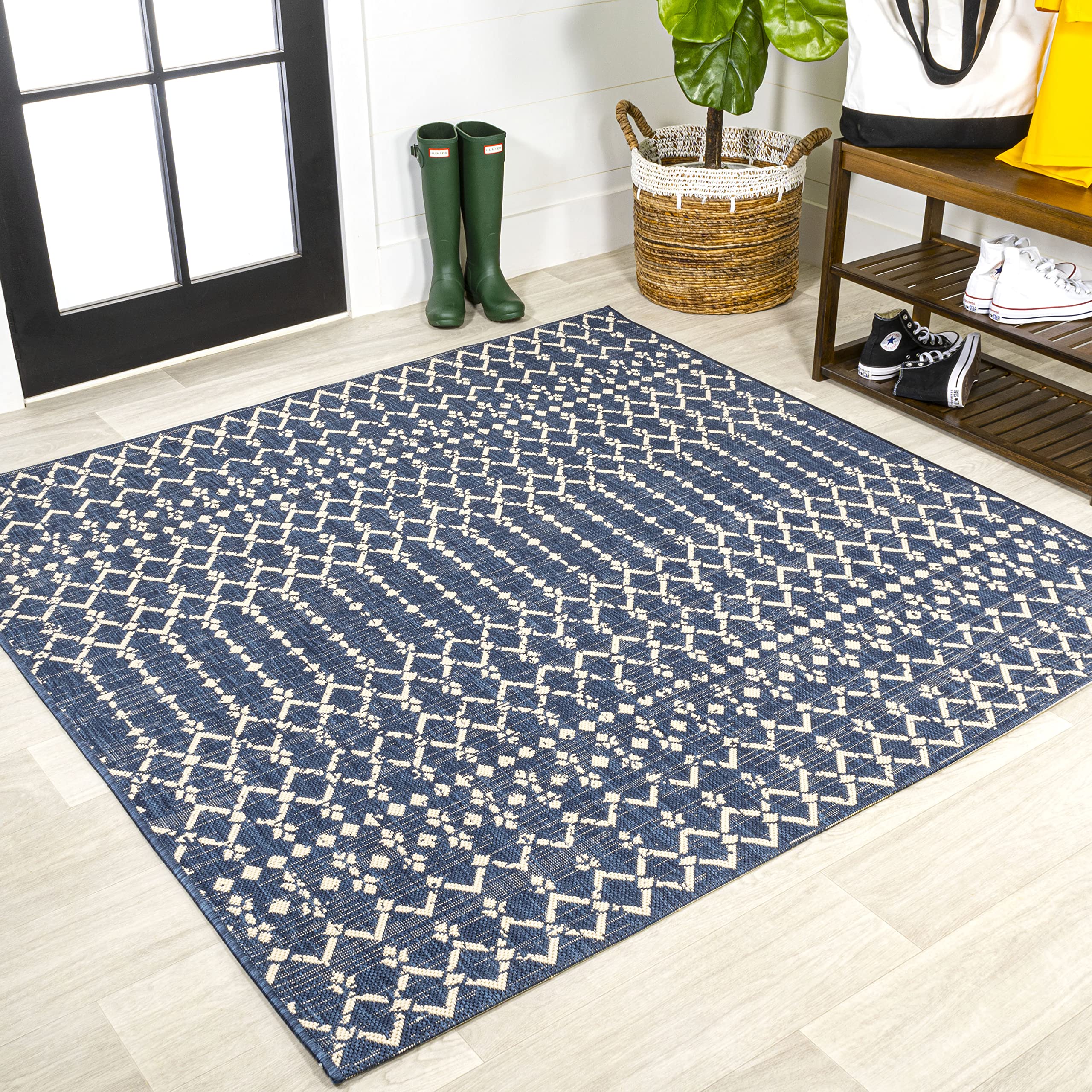 JONATHAN Y Moroccan Geometric Indoor Outdoor Square Area Rug 3X3 Navy/Beige, Ourika Textured Weave for Backyard, Patio, Porch, Easy-Cleaning, High