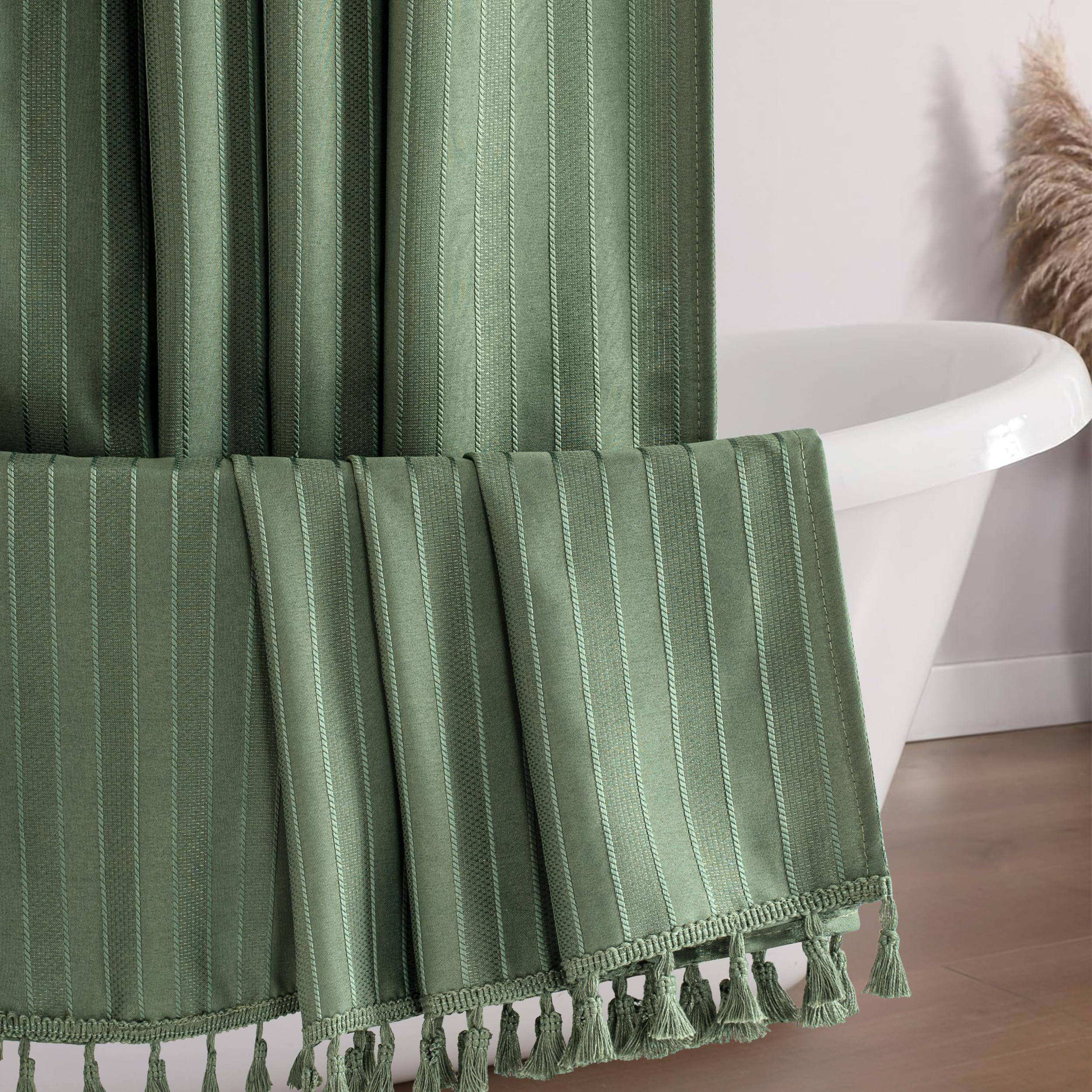 Seasonwood Green 72 x 78 Inches Long Textured Vertical Stripe Tassel Shower Curtain, Wrinkle Free, Boho Minimalist, Unisex, Bathroom