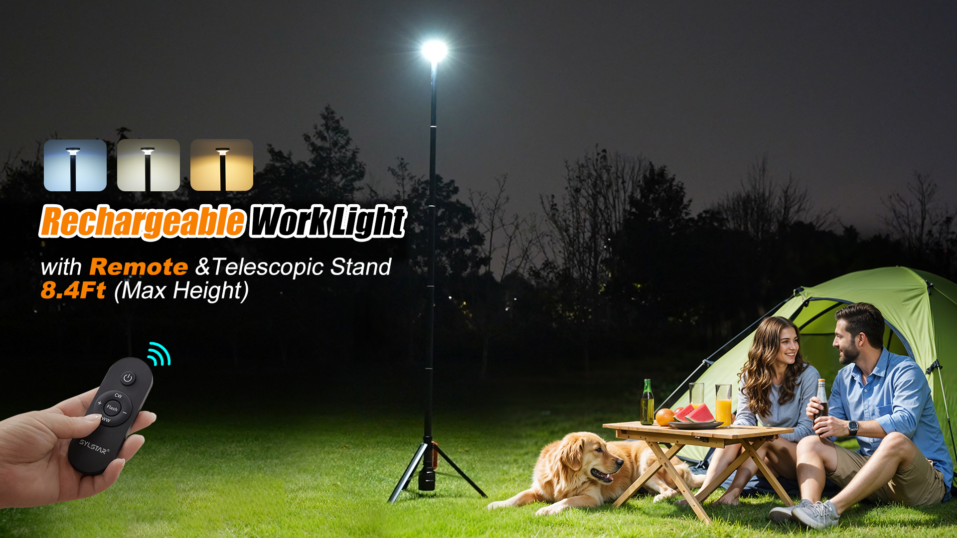 SYLSTAR 360° Rechargeable Work Light with Remote &Telescopic Stand