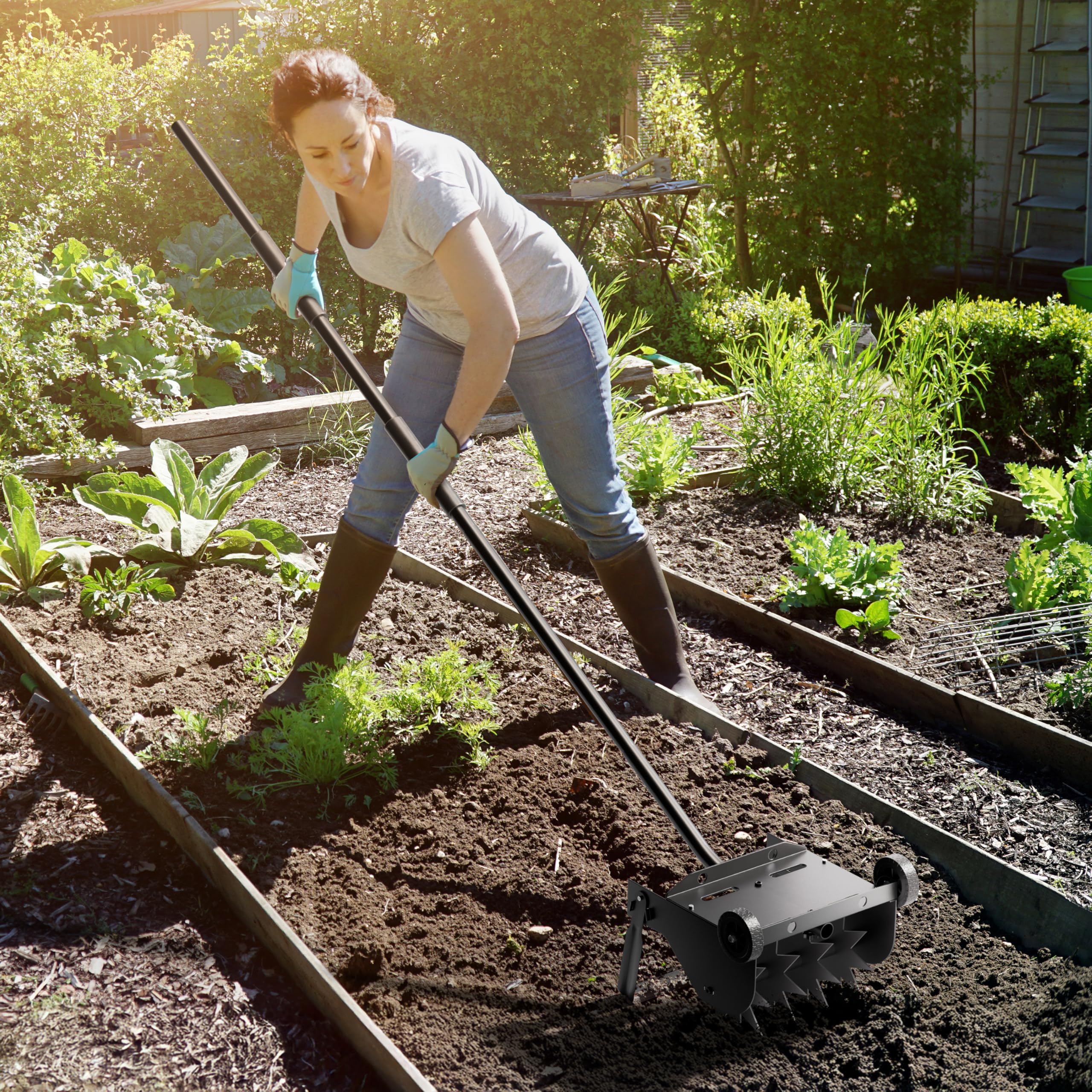 Rotary Cultivator Tool, 2-in-1 Garten Unkrautjäter und Crumbler Bodenfräse für Gartenarbeit, Hand Gartenfräse mit 66,5 Zoll verstellbarem Schaumstoffgriff