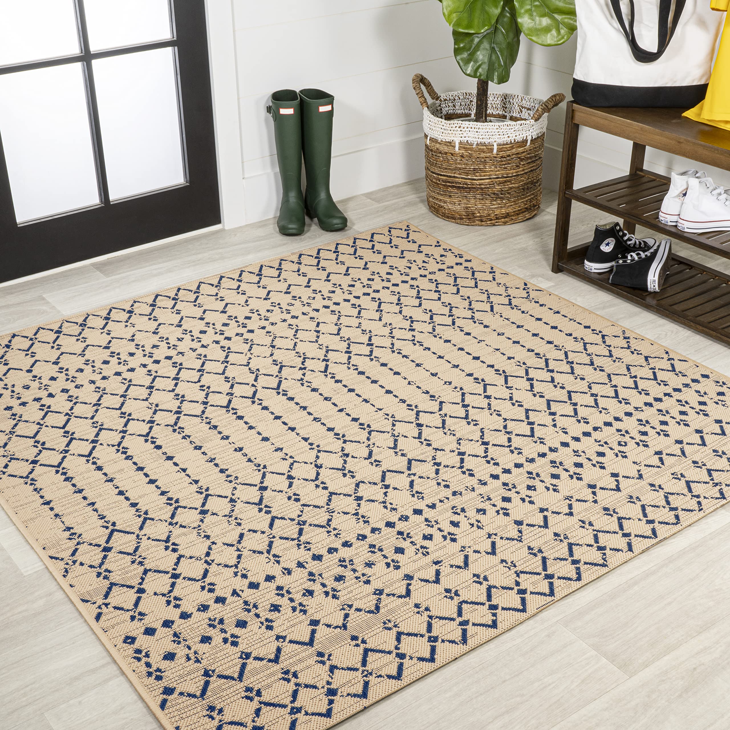 JONATHAN Y Moroccan Geometric Indoor Outdoor Square Area Rug 6X6 Beige/Navy, Ourika Textured Weave for Backyard, Patio, Porch, Easy-Cleaning, High Traffic, Pet-Friendly, Non-Shedding (SMB108H-6SQ)