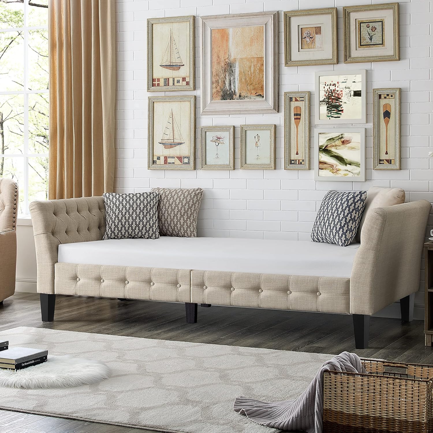 Rosevera Jamie Modern Upholstered Frame Button Tufted Fine Polyester Easy aseemble with Wooden Legs Twin Size Daybed Sleeper Couch for Living Room Bedroom, Standard, Warm Beige