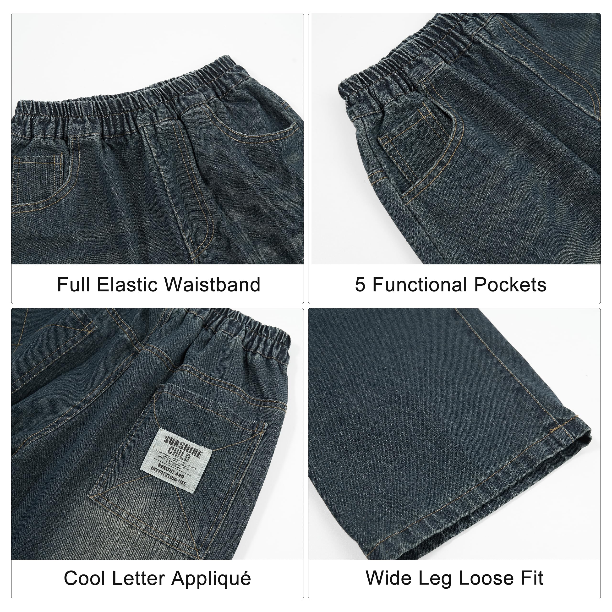 Rolanko Baggy Jeans Jungen, Weites Bein Elastischer Taille und Mehreren Taschen, Cargo Hosen Jeans für Kinder