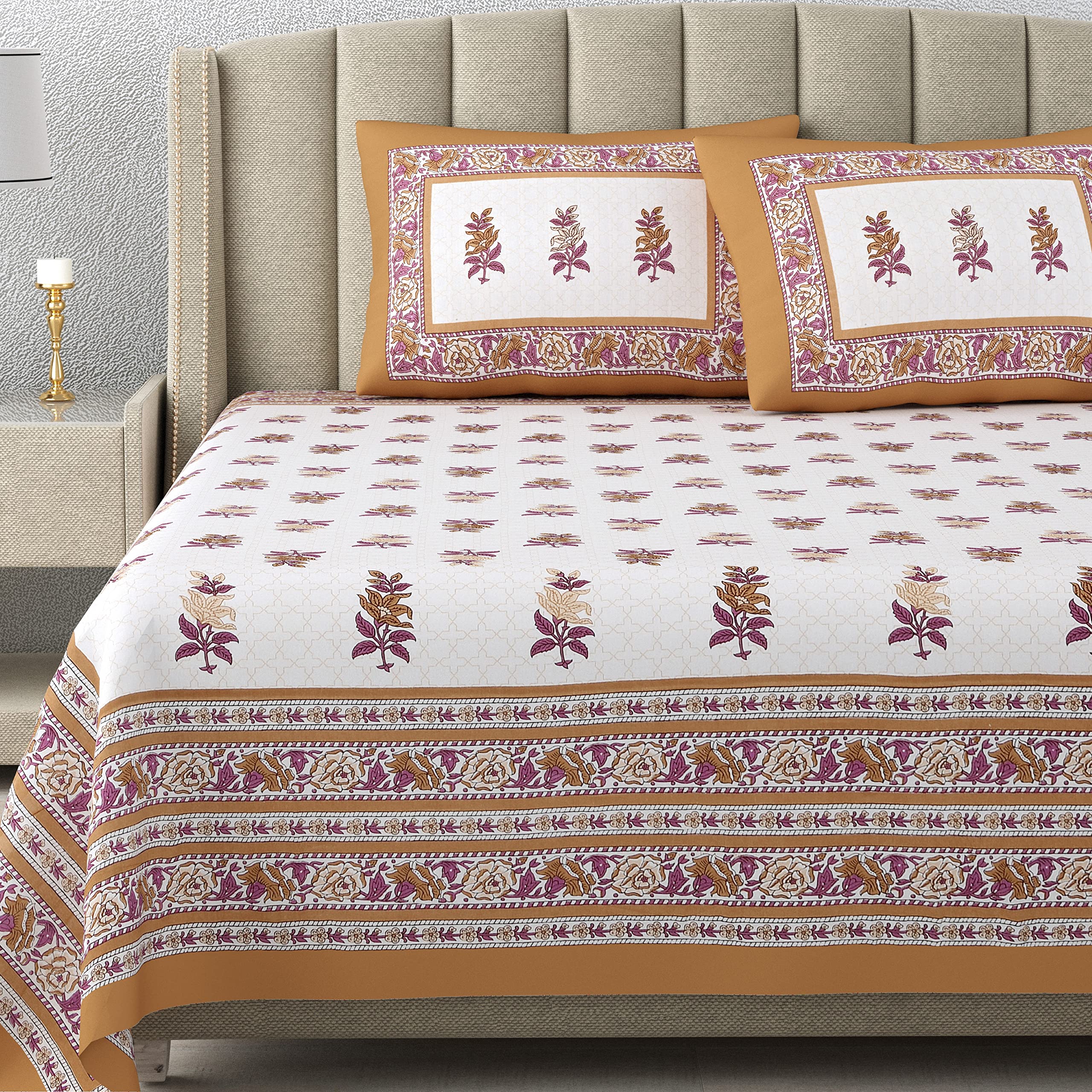 DE CAMA Since 1997 | 100% Cotton 300 TC Premium King Size Bedsheet for Double Bed (90 x 108 Inch) with 2 Pillow Covers Set (17 x 27 Inch) Designer Printed Bedsheet Set - Tan