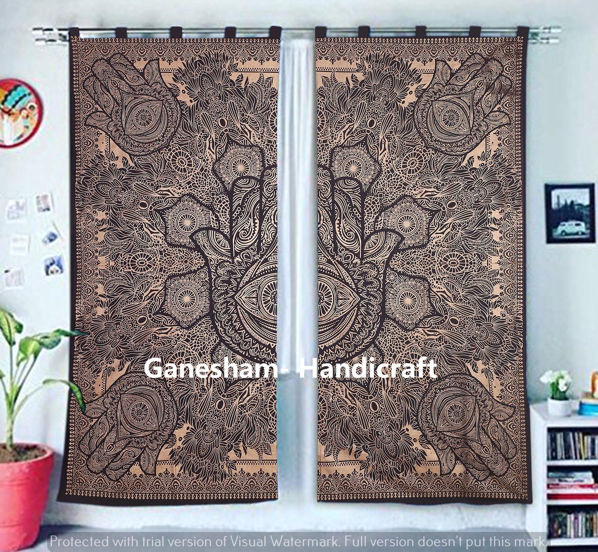GANESHAM Indian Mandala Curtain Balcony Sheer Room Divider Living Room Bohemian Decor Light-Filtering Blackout Gypsy Door Curtain (Black & Gold)