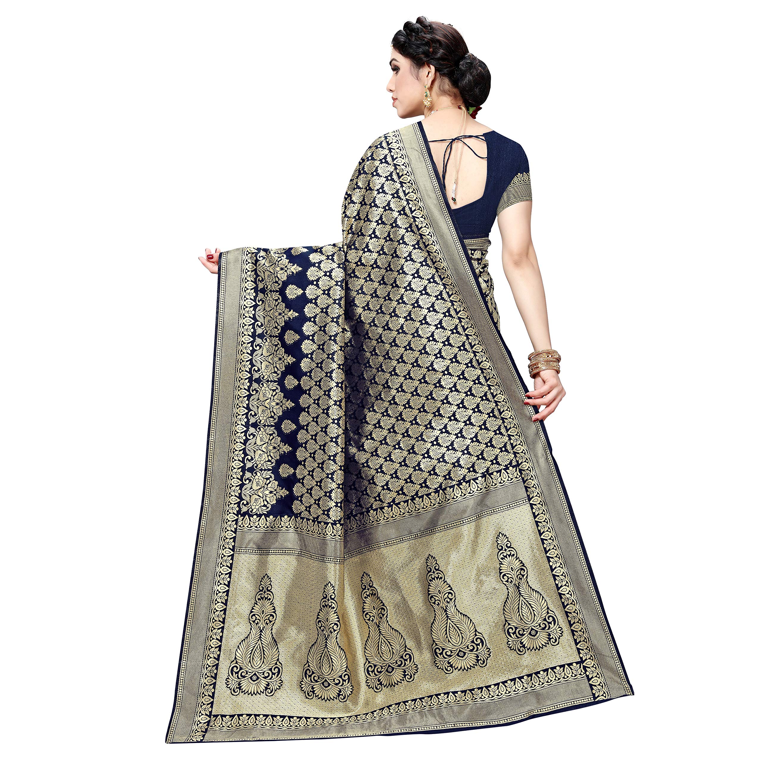 Sidhidata Women's Jacquard Silk Saree with Blouse Piece (T Navy Blue, Pure Silk) 3