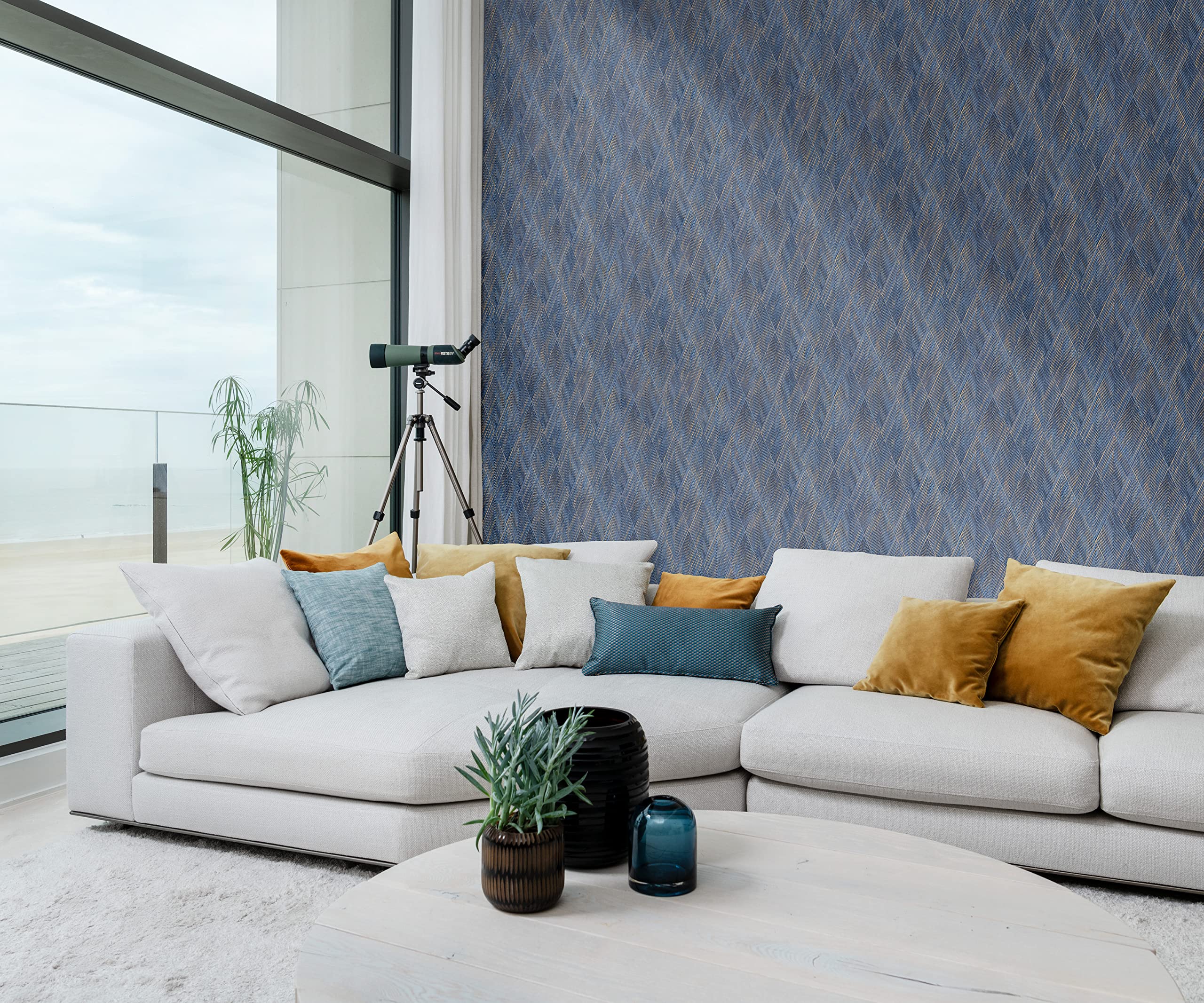 Rasch Papel pintado 844146 en azul y dorado con patrón geométrico de rombos de la colección Perfecto VI – 10,05 m x 0,53 m (largo x ancho)