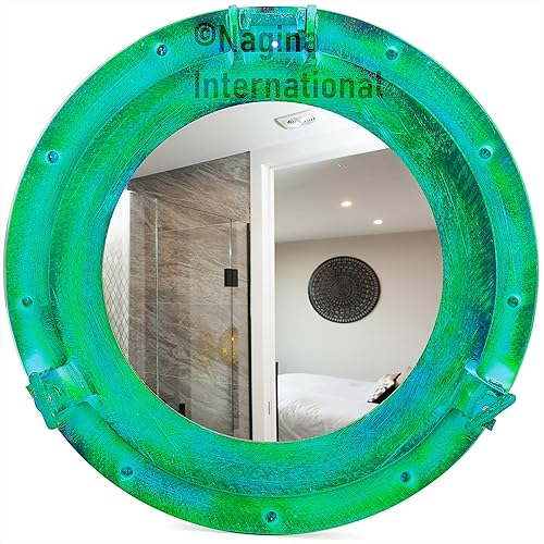 Miniatura 2 de Nagina International Espejo de ojo de buey de aluminio de 11 pulgadas, acabado verde y azul, decoración náutica
