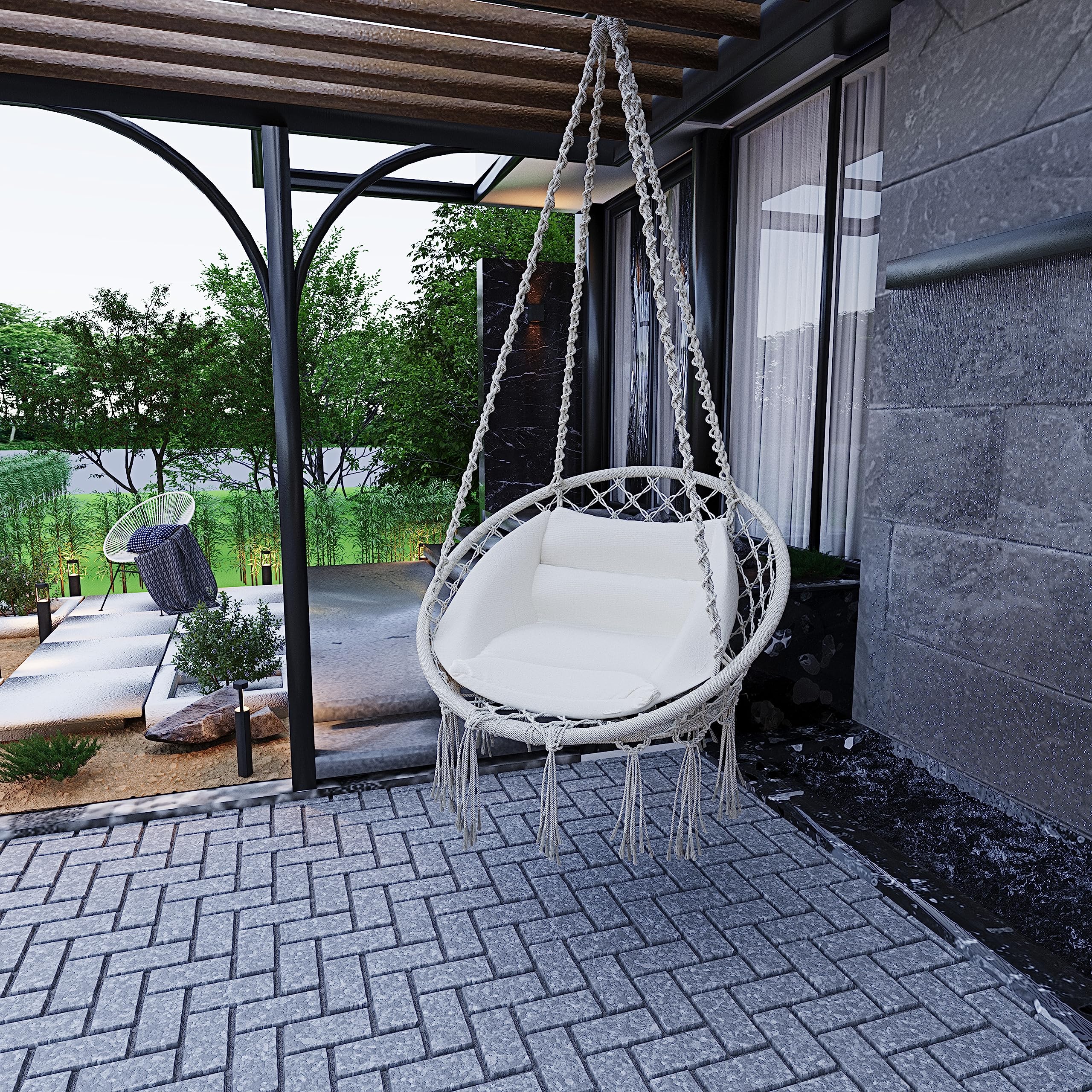 BRICOZONE Poltrona Sospesa Pensile Da Giardino Con Corda In Cotone Effetto Macramè Cuscino Sedia Dondolo Amaca Con Seduta Imbottita Esterno Terrazzo Design Moderno Fino A 160 Kg (Beige)