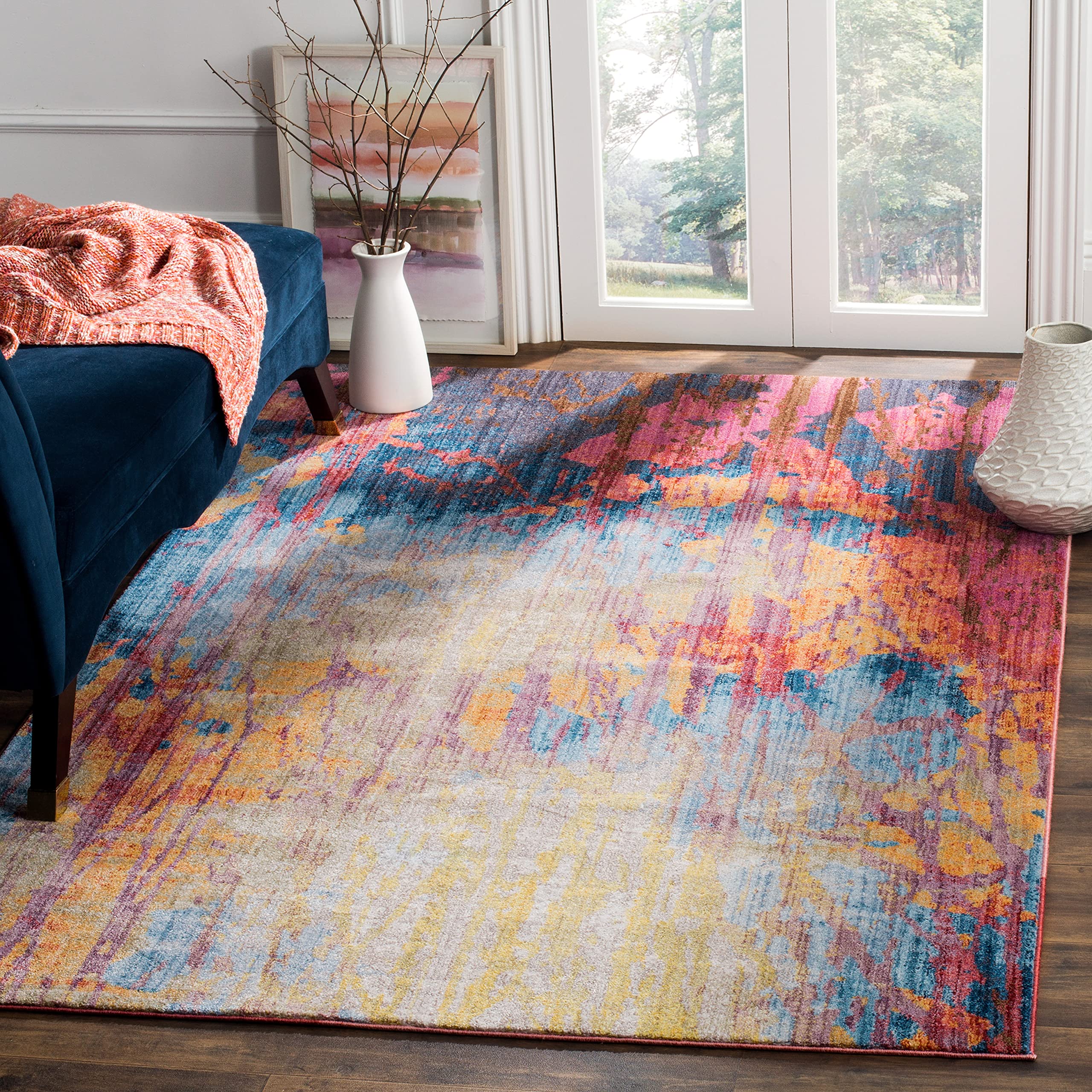 Tapis traditionnel anti-poussière Bristol 155x229 cm bleu rouille poil court facile à laver
