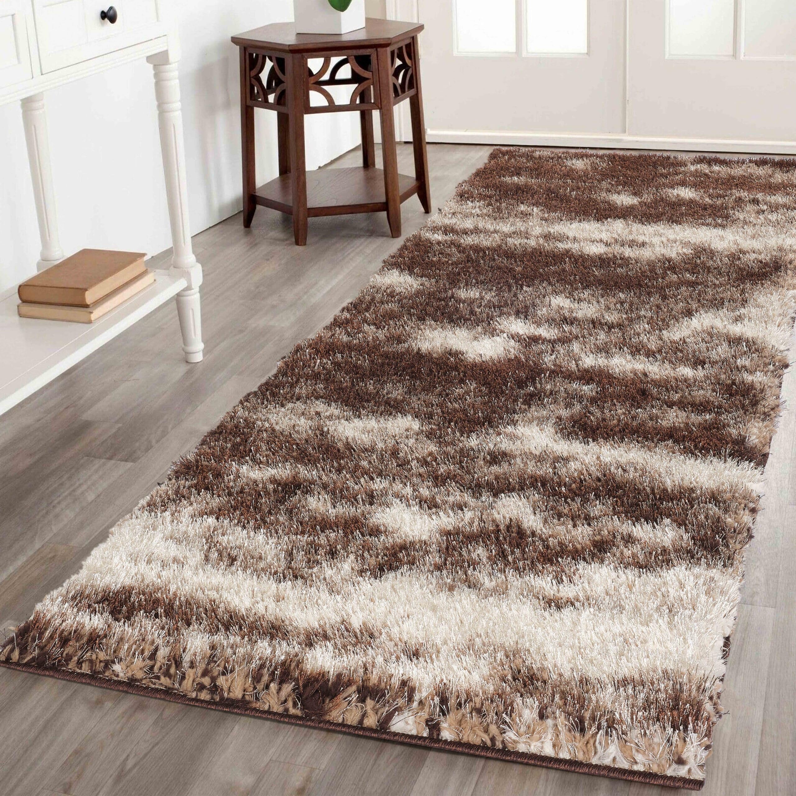 Serdim Rugs Modern Soft Two Tone Shiny Shimmer Living Room Polyester Shaggy Rugs, Bronze, 60x220cm (2" x7'3)