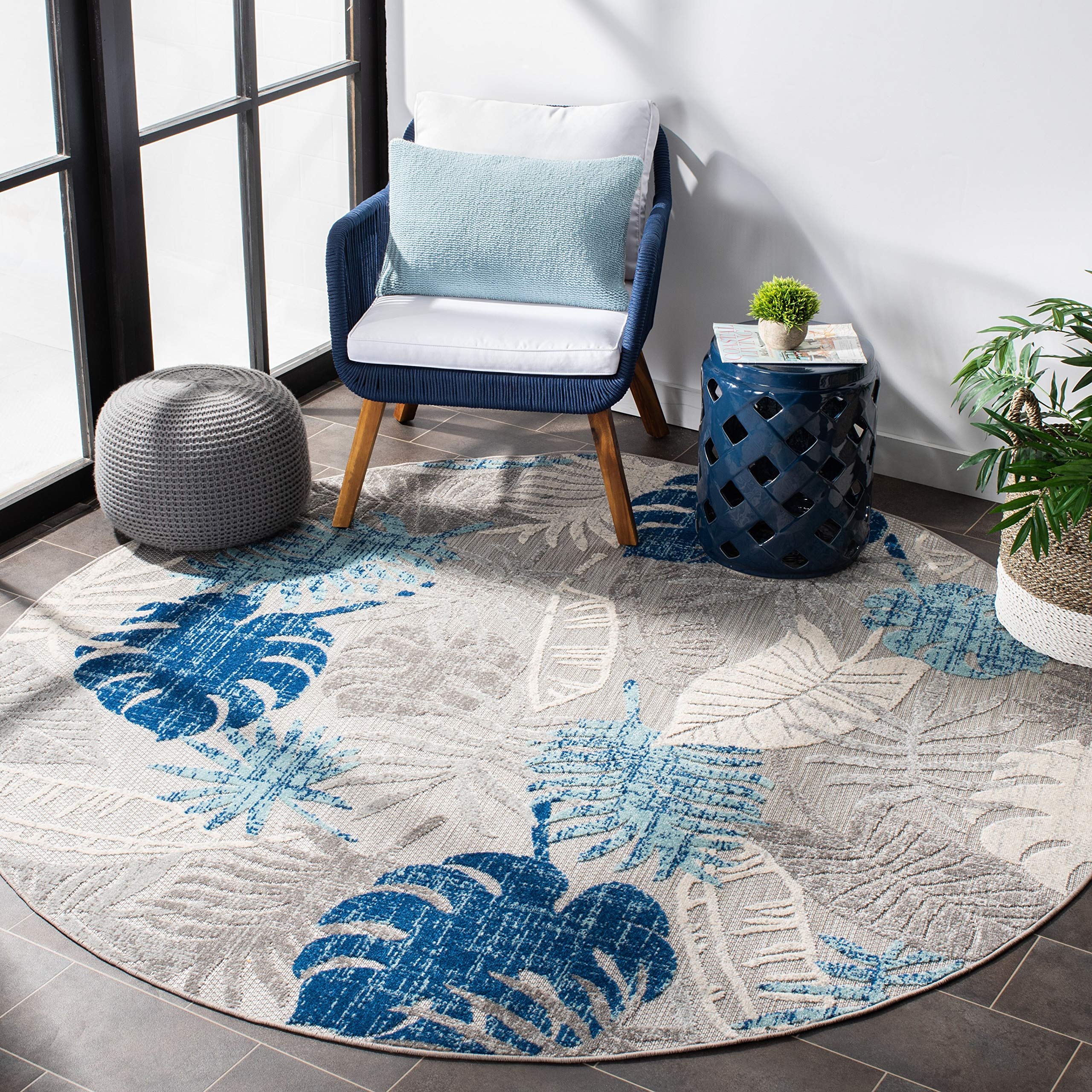 SAFAVIEH Washable Rug Outdoor Cabana Collection - 6'7" Round, Grey & Blue, Non-Shedding & Easy to Clean, Ideal for Patio, Backyard, Mudroom (CBN831F)