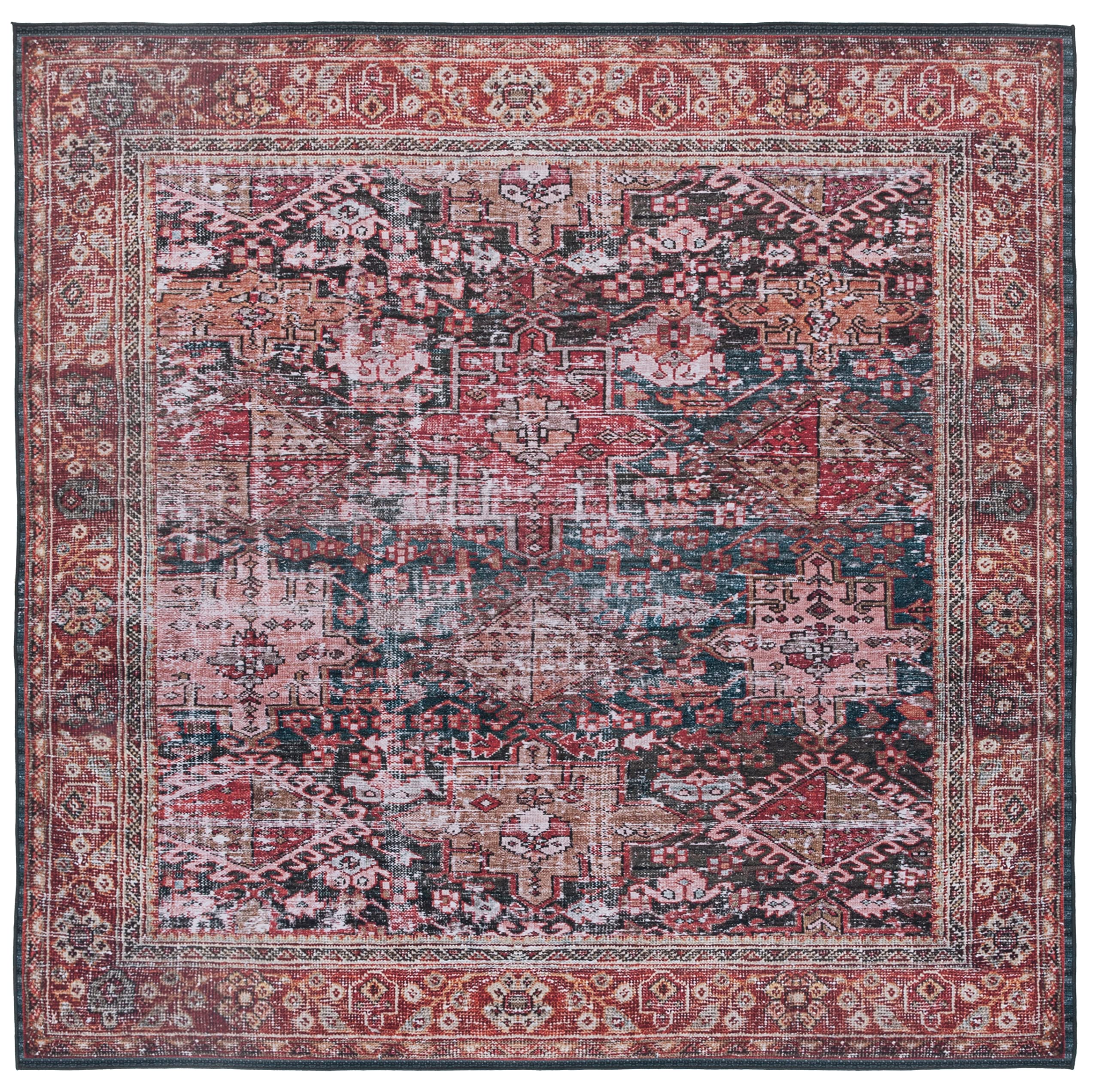 SAFAVIEH Tapis Traditionnel Rug Idéal pour Les Zones à Fort Passage - Lavable en Machine et Antidérapant - Tucson Collection, Tapis à Poil Court, in Rouge et Vert, 122 X 122 cm