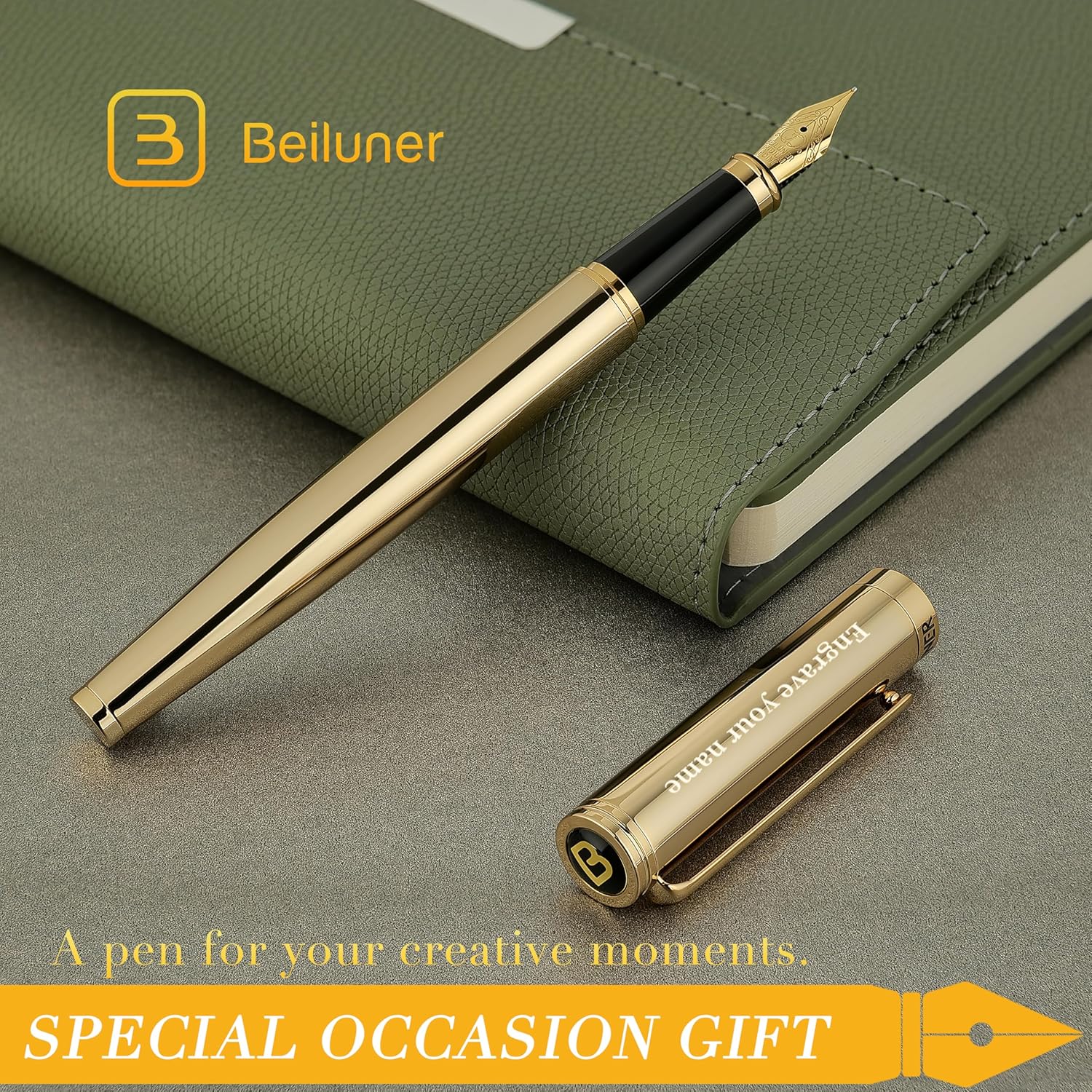 BEILUNER Gold Personalized Fountain Pen,Stunning Luxury Surface,24K Gilded Nib(Fine),Gorgeous 24K Gold Finish, Ink Converter,Fancy Gift for Men&Women-Elegant, Graduation,Office Pens for Writing
