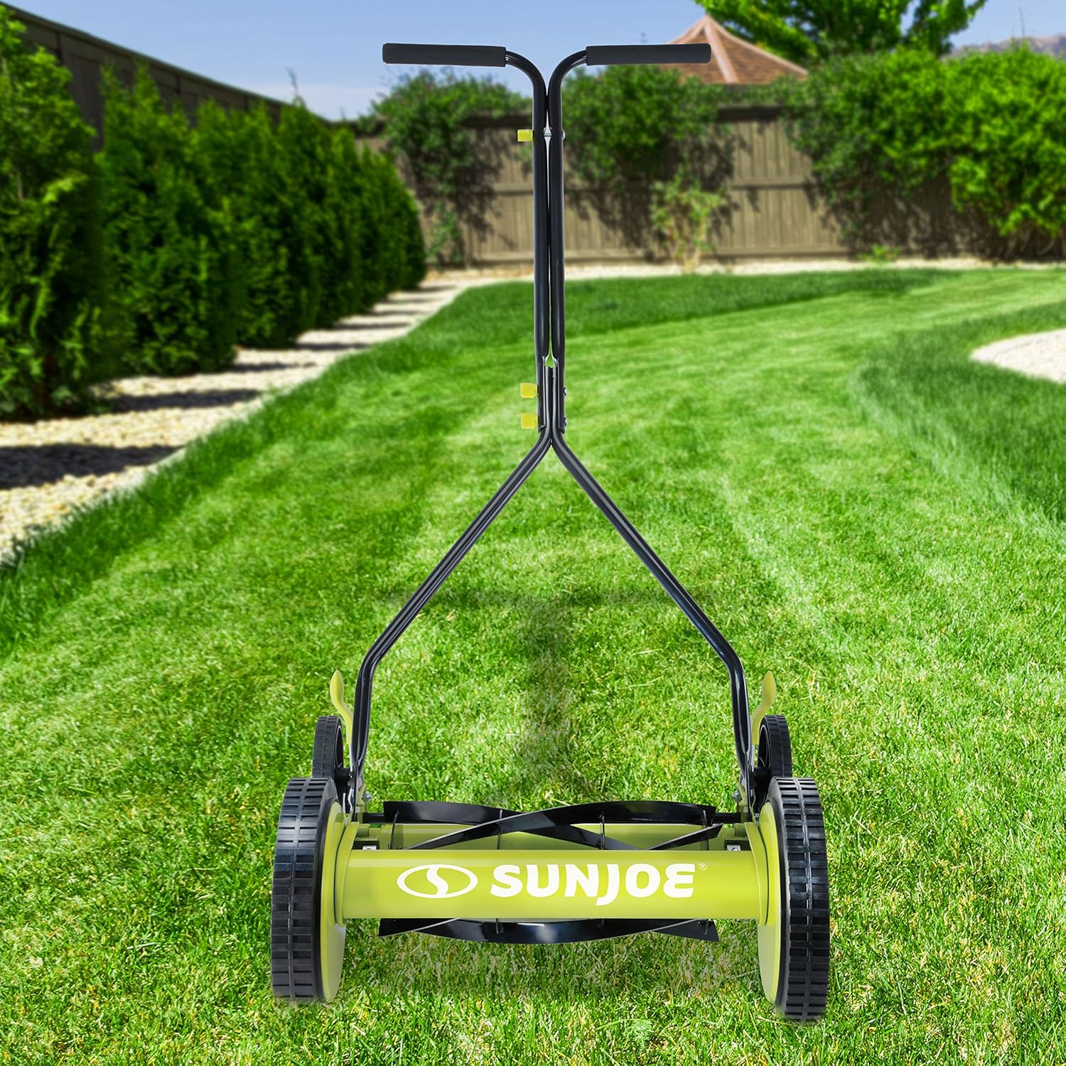 review Sun Joe MJ503M 14-Inch Quad Wheel 9-Position Manual Reel Mower