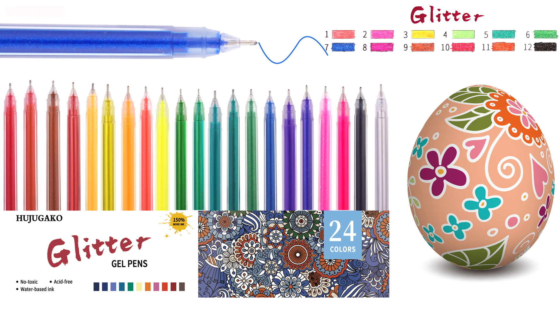 HUJUGAKO 12 Pack Colored Gel Pens - 0.8-1.0mm Tips With 150% More Ink For Coloring Books, Journaling & Crafts - View #3