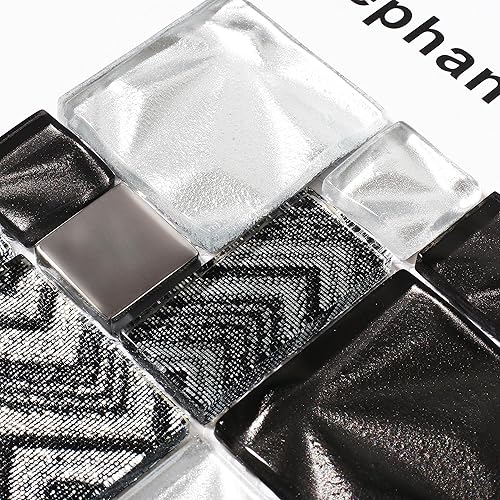 Miniatura 8 de Elephantile Azulejo de vidrio blanco y negro con patrón francés para pared de cocina, borde de baño muestra de 6 x 6 pulgadas