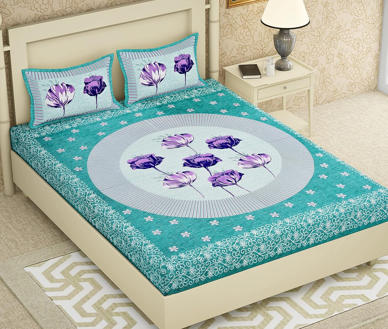 TistaDreamHome New Beautiful Six Flower Printed ( Double Bed Size BedSheet) with 2 Pillow