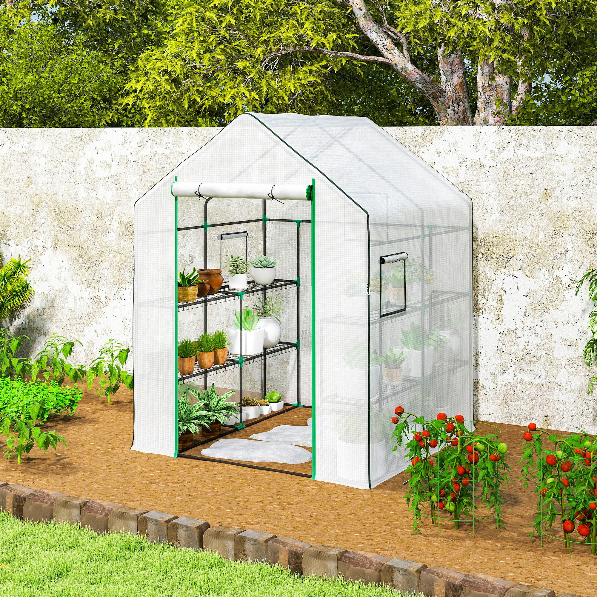Outsunny Serra tunnel 3 livelli 8 ripiani 140x143x190 cm Bianca | Piccola serra, copertura PE rinforzata, serra da giardino, porta arrotolabile, tre finestre a rete
