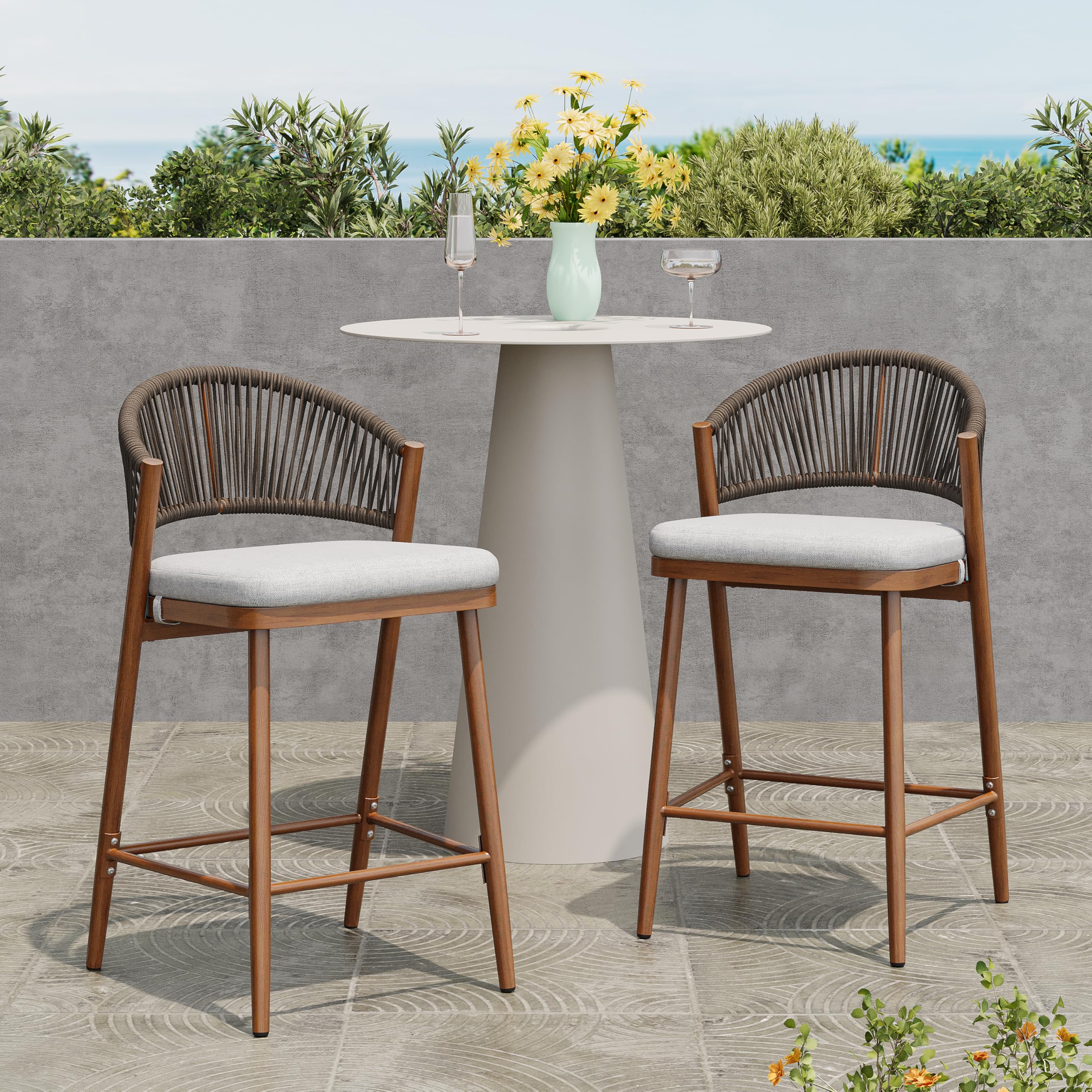 espidoo Outdoor Patio Counter Stools: 26" Seat Height Aluminum Frame Set of 2 - Rust-Resistant Frame & Water-Resistant Cushion for Patio Bar & Garden - Modern Scallop Backrest Teak Finish
