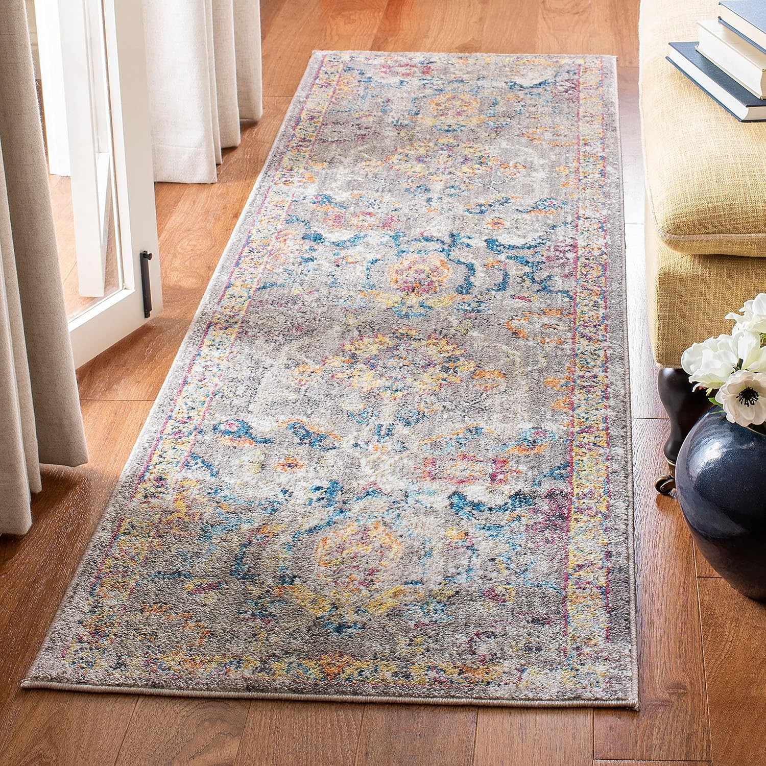 Grey and Blue Synthetic Vintage Runner Rug, 2'3" x 10'