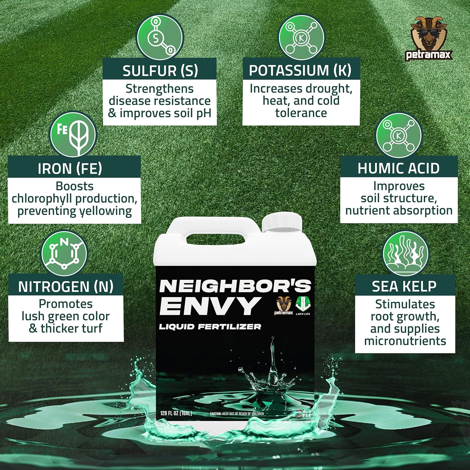 PetraMax Neighbor’s Envy Grass Fertilizer for Lawn & Garden, 1 Gallon Covers up to 16,000 sq.ft. 7-in-1 Liquid Lawn Fertilizer Concentrate for Deep Green Turf - Includes Nitrogen/Iron/Humic/Sea Kelp
