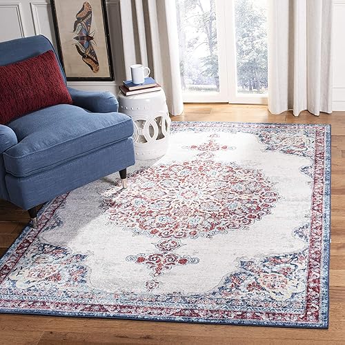 SAFAVIEH Brentwood Collection BNT867A - Alfombra decorativa de 2 x 4 pies, color marfil/rojo, no desprende pelusa, para sala de estar, dormitorio