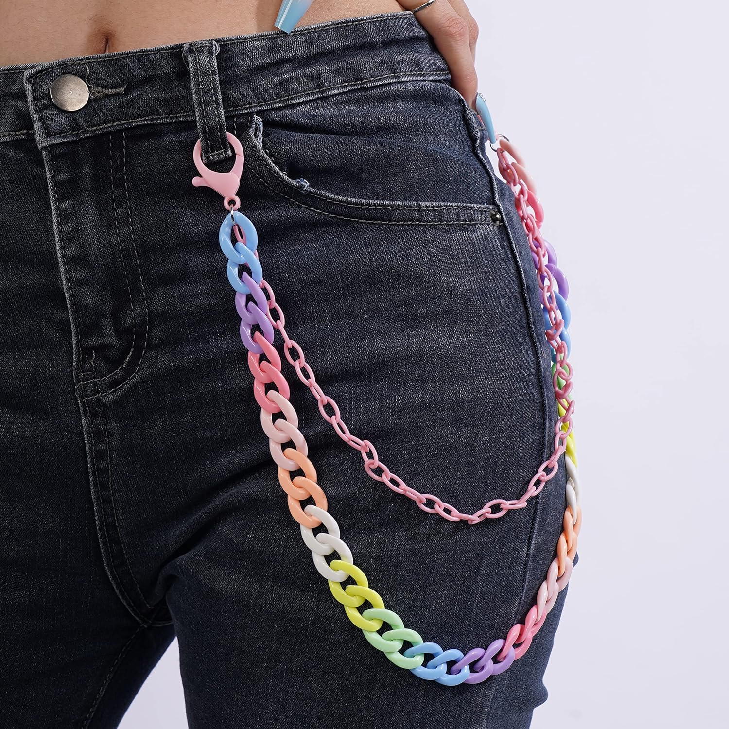 Punk Rainbow Layered Pants - Jeans with Acrylic Chains, Goth Style for Men & Women, Layered Trousers with Waist Body Chain Set