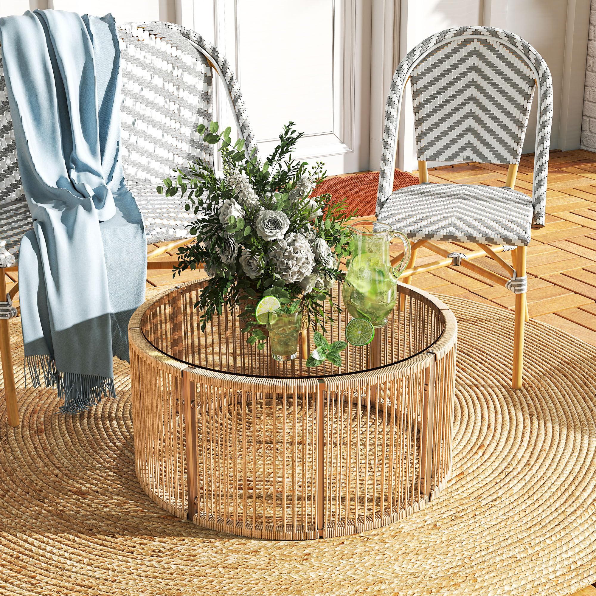 Outsunny Table Basse de Jardin Ronde en Résine Tressée, Table d'Appoint avec Plateau en Verre Trempé et Cadre en Acier Galvanisé, 70x70x33cm, Marron