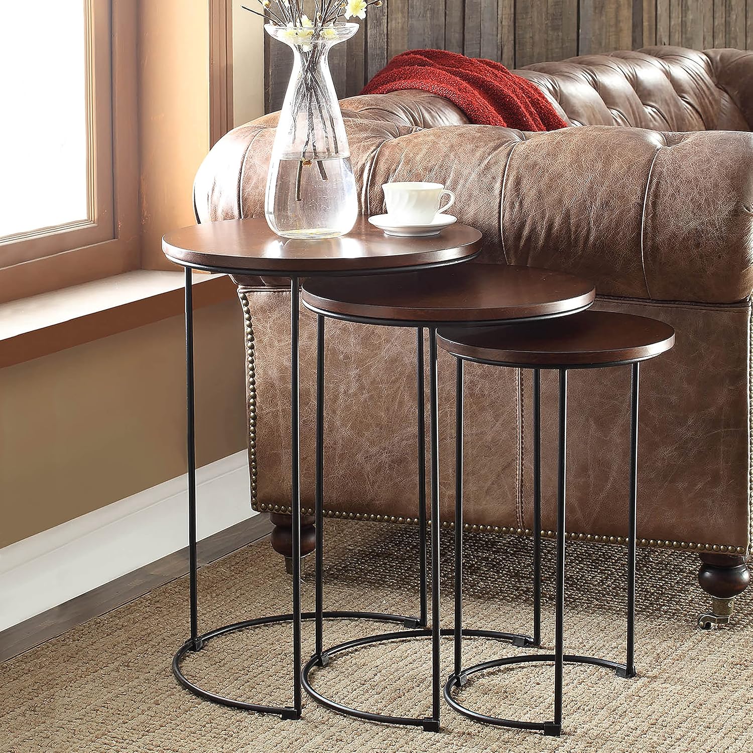 Carolina Chair & Table Astra Round Nesting 3-Piece Tables Set - Modern Powder Coated Black Metal Frames with Stained Wood Tops - Space Saving Accent Furniture for Living Room, Bedroom (Chestnut/Black)