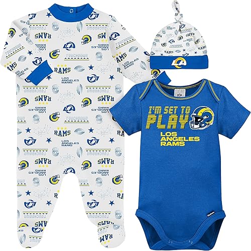 NFL - Paquete de 3 mamelucos para bebé, Sleep 'n Play y gorra, Los Angeles Rams, 3-6 meses