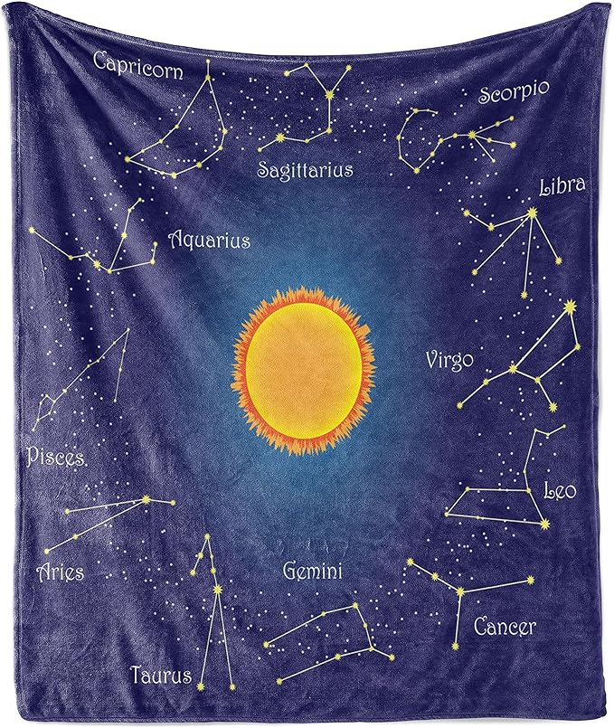 Lunarable Astrology Throw Blanket, Celestial Star Chart Constellation Around Sun on The Sky Aries Sign, Flannel Fleece Accent Piece Soft Couch Cover for Adults, 70