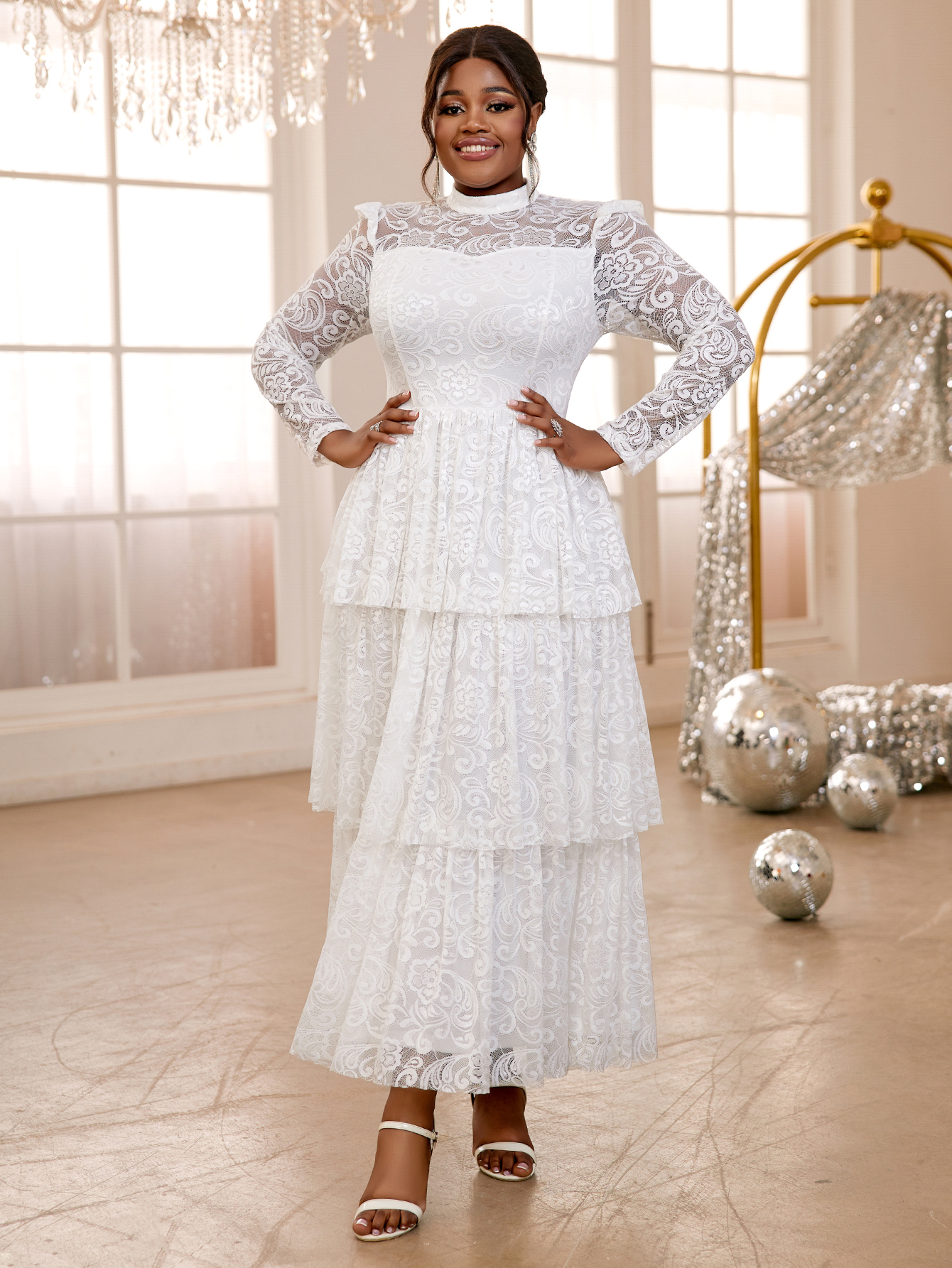 Amazon.com: AOMEI Women Elegant Floral Lace Tiered Ruffle Bridesmaid Dresses  for Wedding Long Sleeve Mock Neck Party Long Dress (0X,White) : Clothing,  Shoes & Jewelry