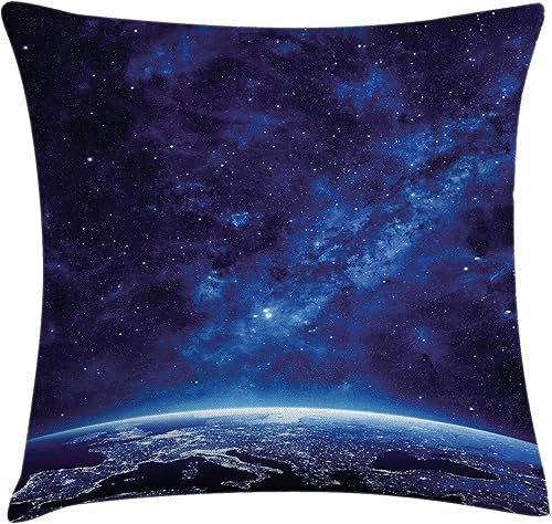 Ambesonne Funda de cojín espacial, Tierra por la noche desde una atmósfera profunda, vibrante estampado de escena eclíptica de campo de estrellas,