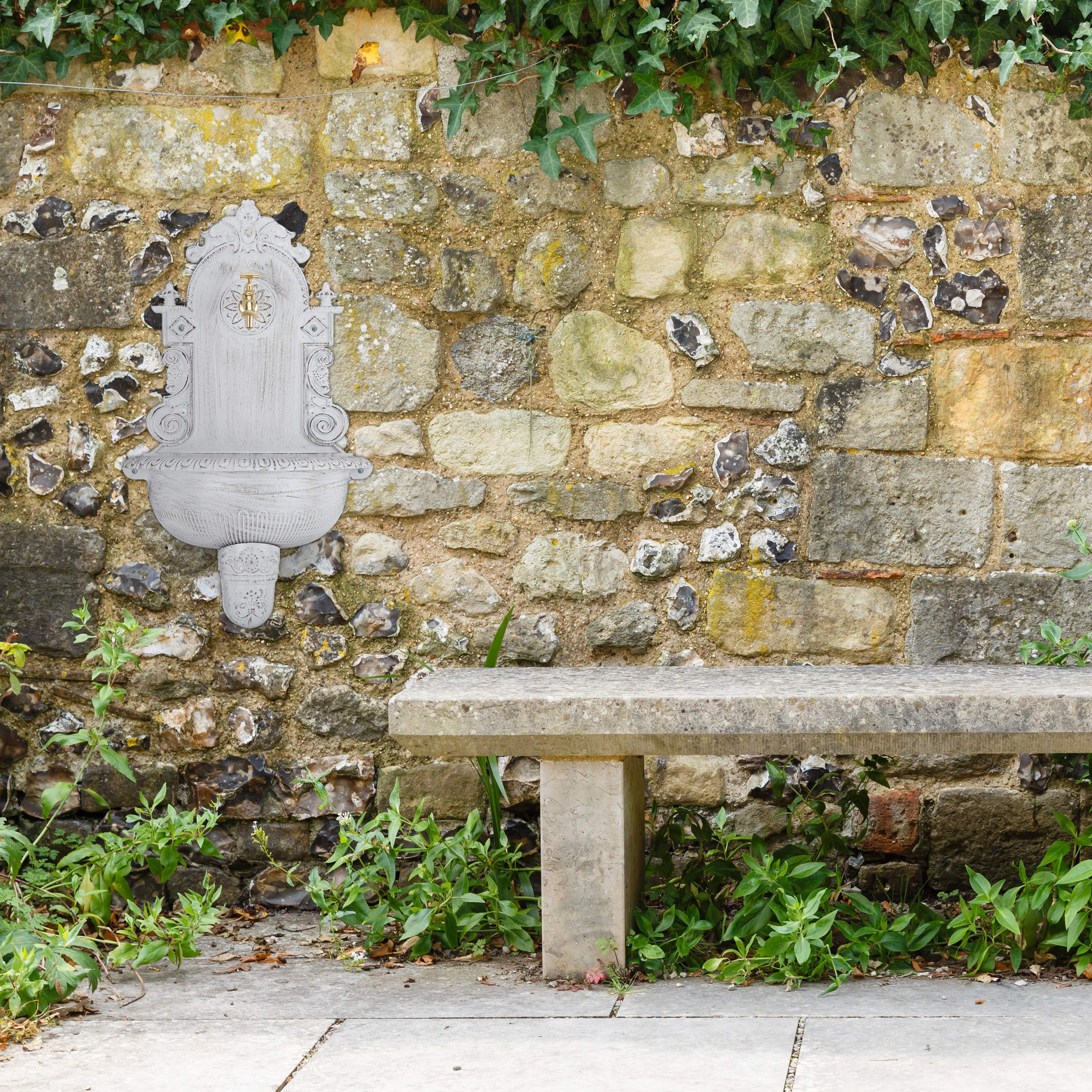 Relaxdays Fontana XL Antica a Parete, con Rubinetto, Lavabo per Giardino, in Lega di Alluminio, HLP 75x44x22 cm, Bianca