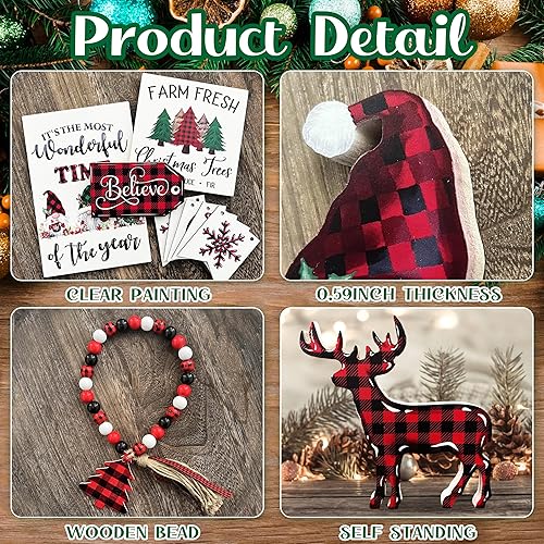 Miniatura 4 de Juego de decoración de bandejas escalonadas de Navidad, decoración de bandeja de madera rústica de invierno, centro de mesa con guirnalda de cuentas