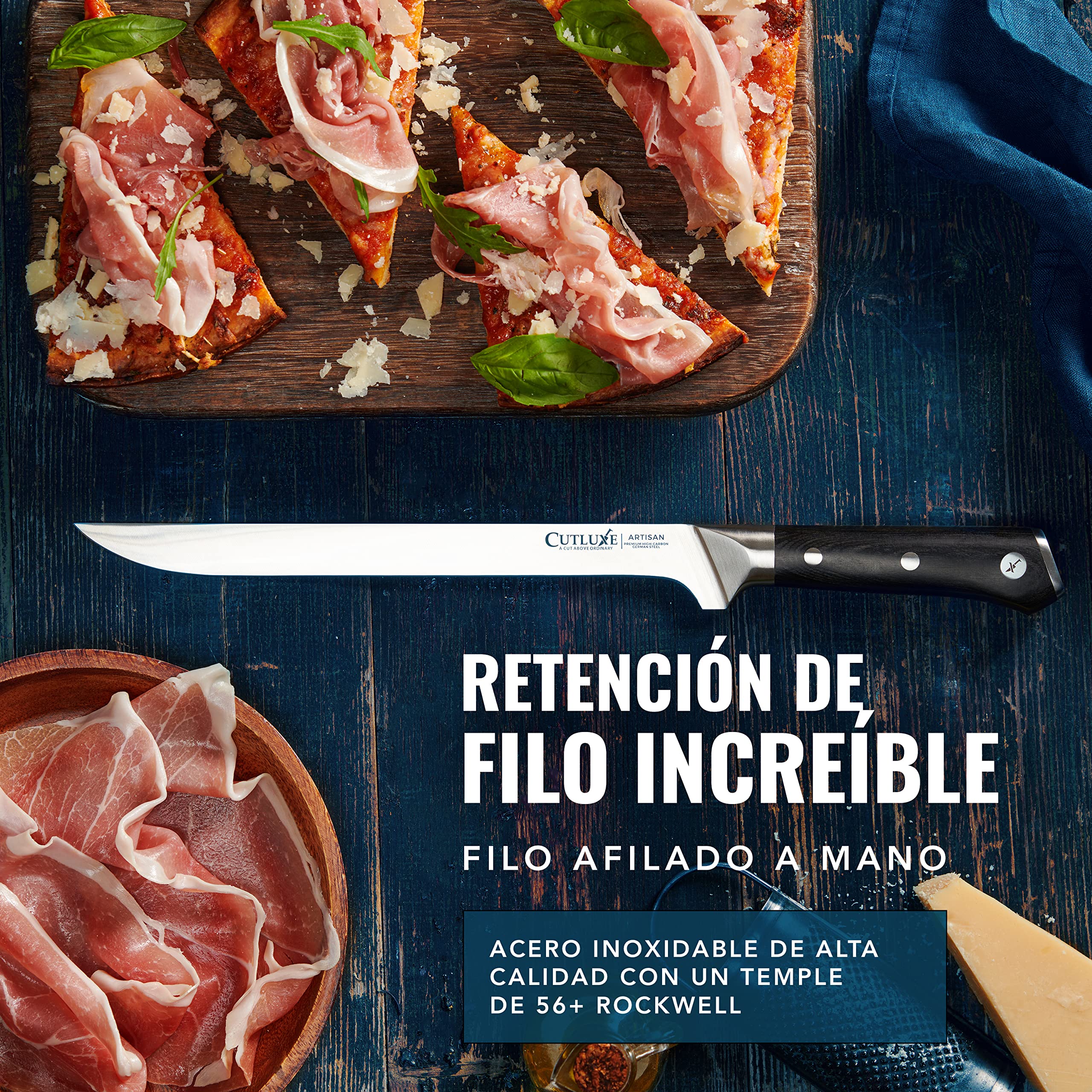 Cutluxe Cuchillo Jamonero - 25cm Cuchillo para Jamón, Cortador de Carne y BBQ - Acero Alemán Afilado a la Perfección - Diseño Ergonómico y de Mango Completo - Serie Artisan