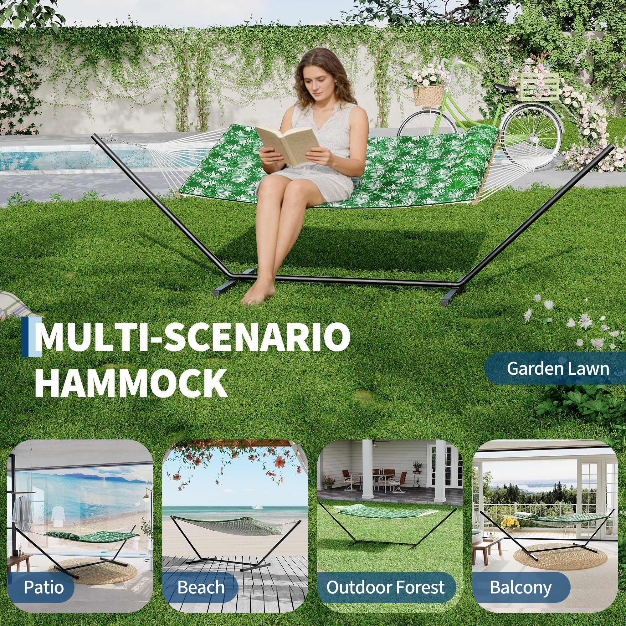 Garvee Hamac Double avec Support en Acier, Corde en Coton et Coussin, Vert