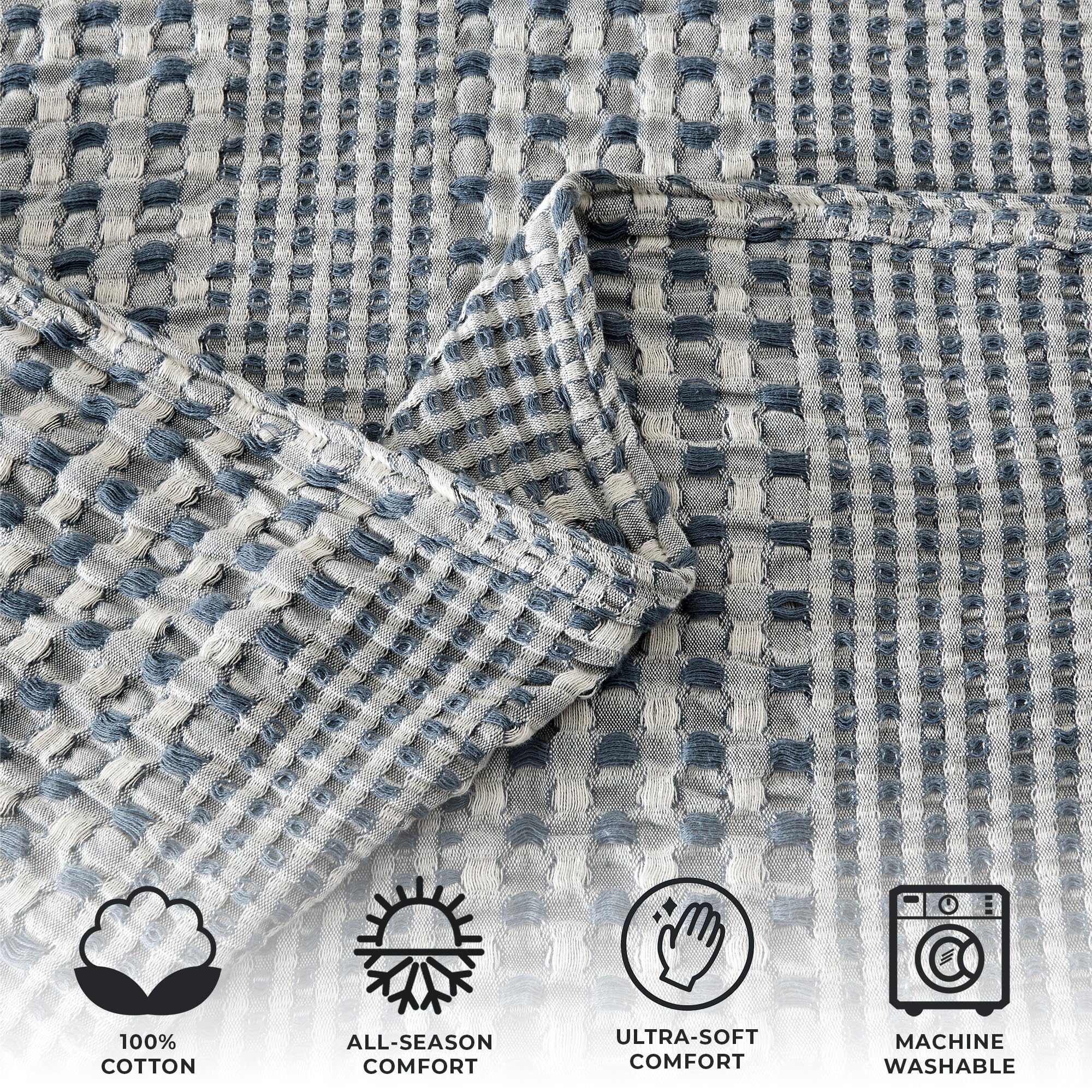 Great Bay Home 100% Cotton Waffle Weave Navy Full Queen Blanket for Bed or Couch. Prewashed & Preshrunk, Unique Woven Design, Textured Bed Blanket (Full/Queen, Navy/White)