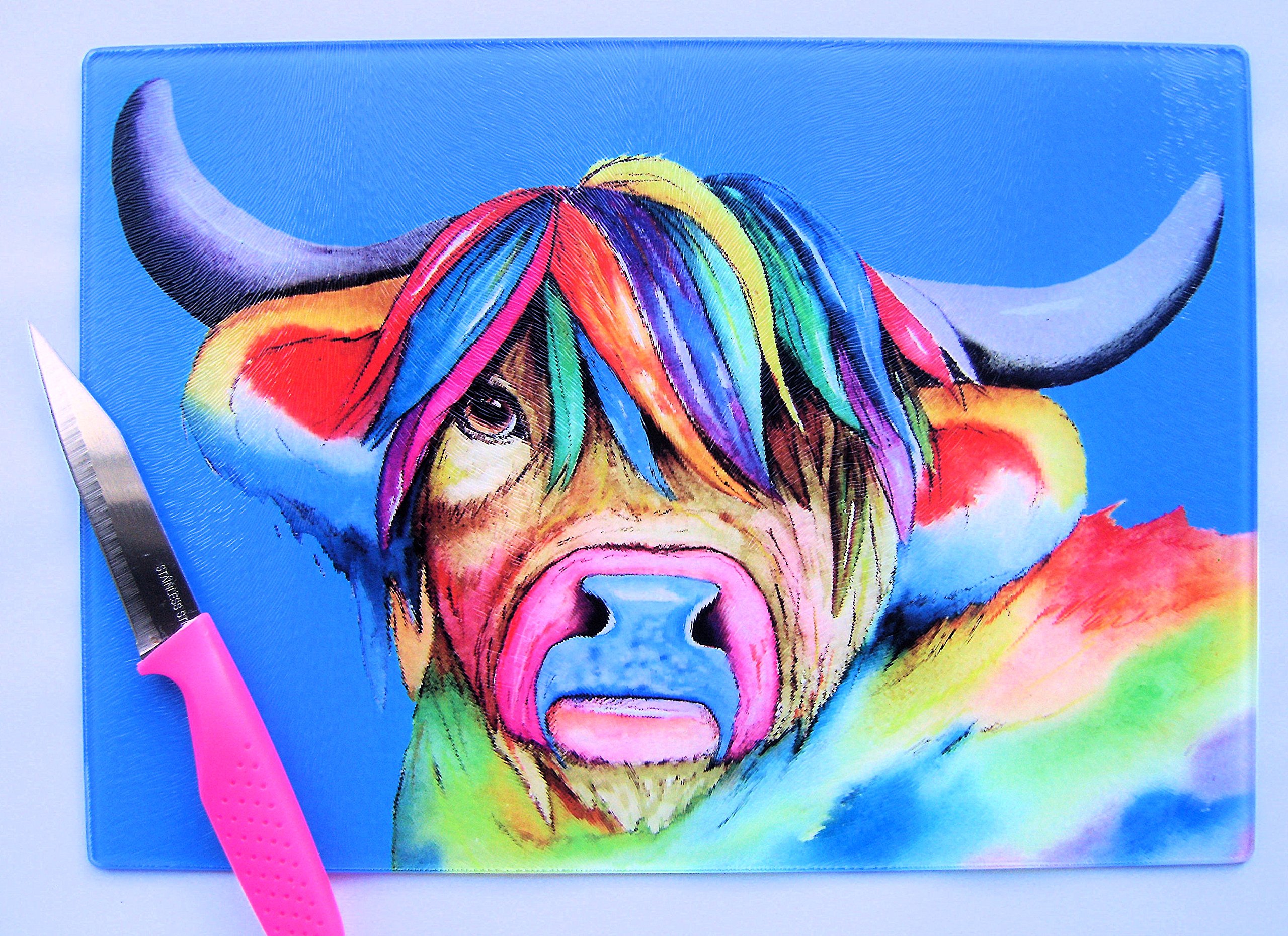 Large unique Blue Glass Chopping Board with a Highland Cow Design by Maria Moss size 39x 28cm